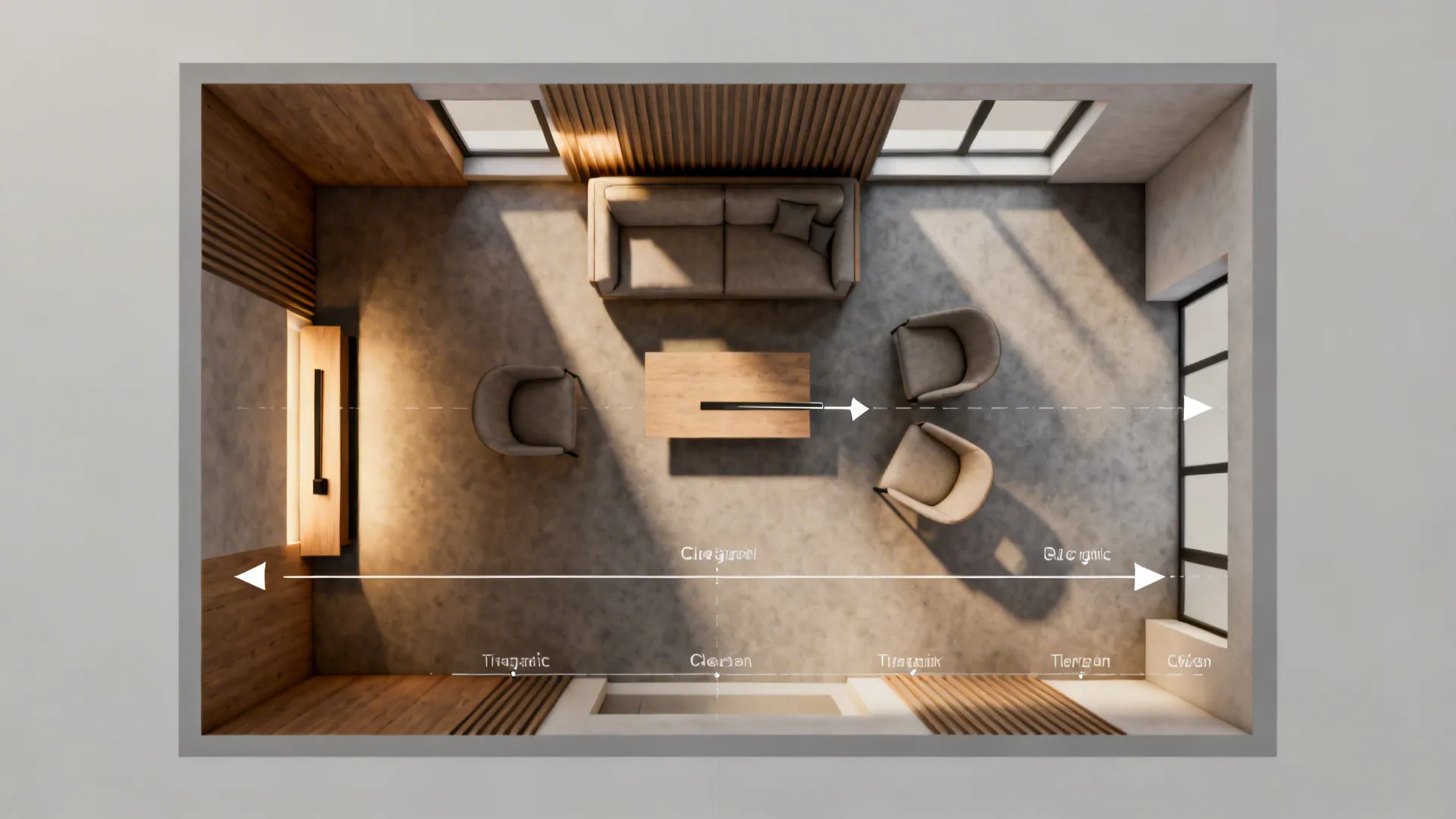 Top-down mockup of a small room with AI-suggested furniture placement and traffic flow overlays.