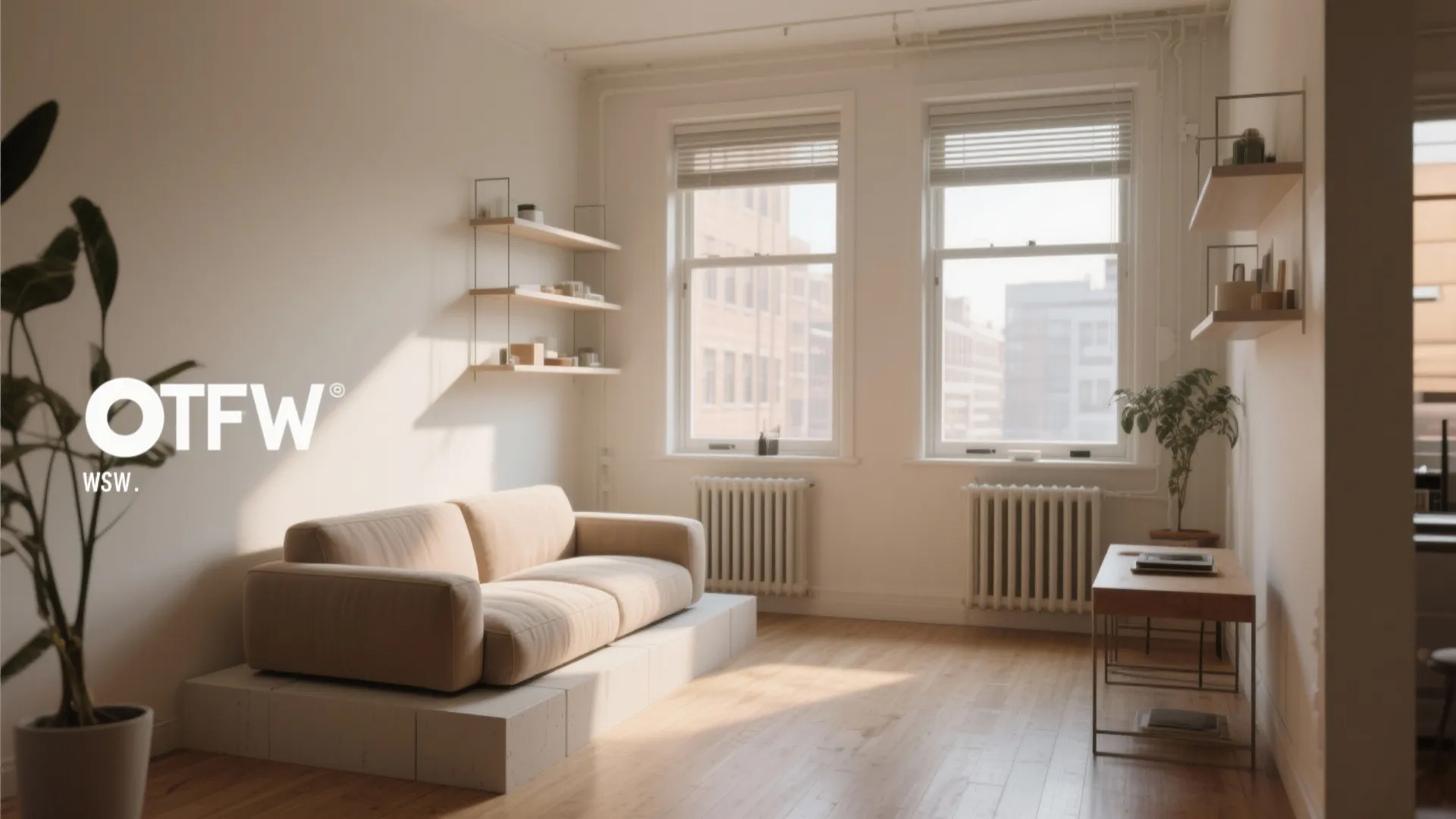 Sunlit living room with beige sofa wooden floor windows wall shelves and indoor green plant