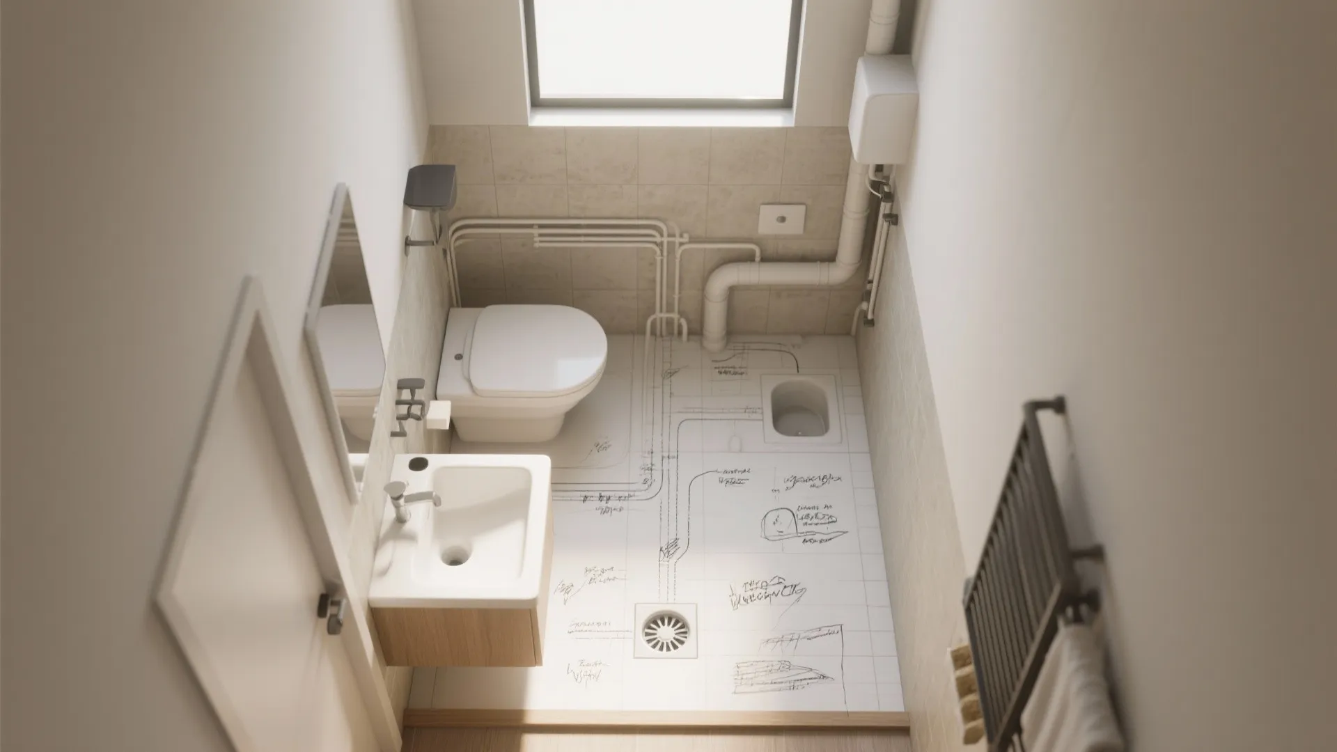 Top-down bathroom layout sketch showing exhaust placement and drain access to demonstrate airflow and maintenance planning.