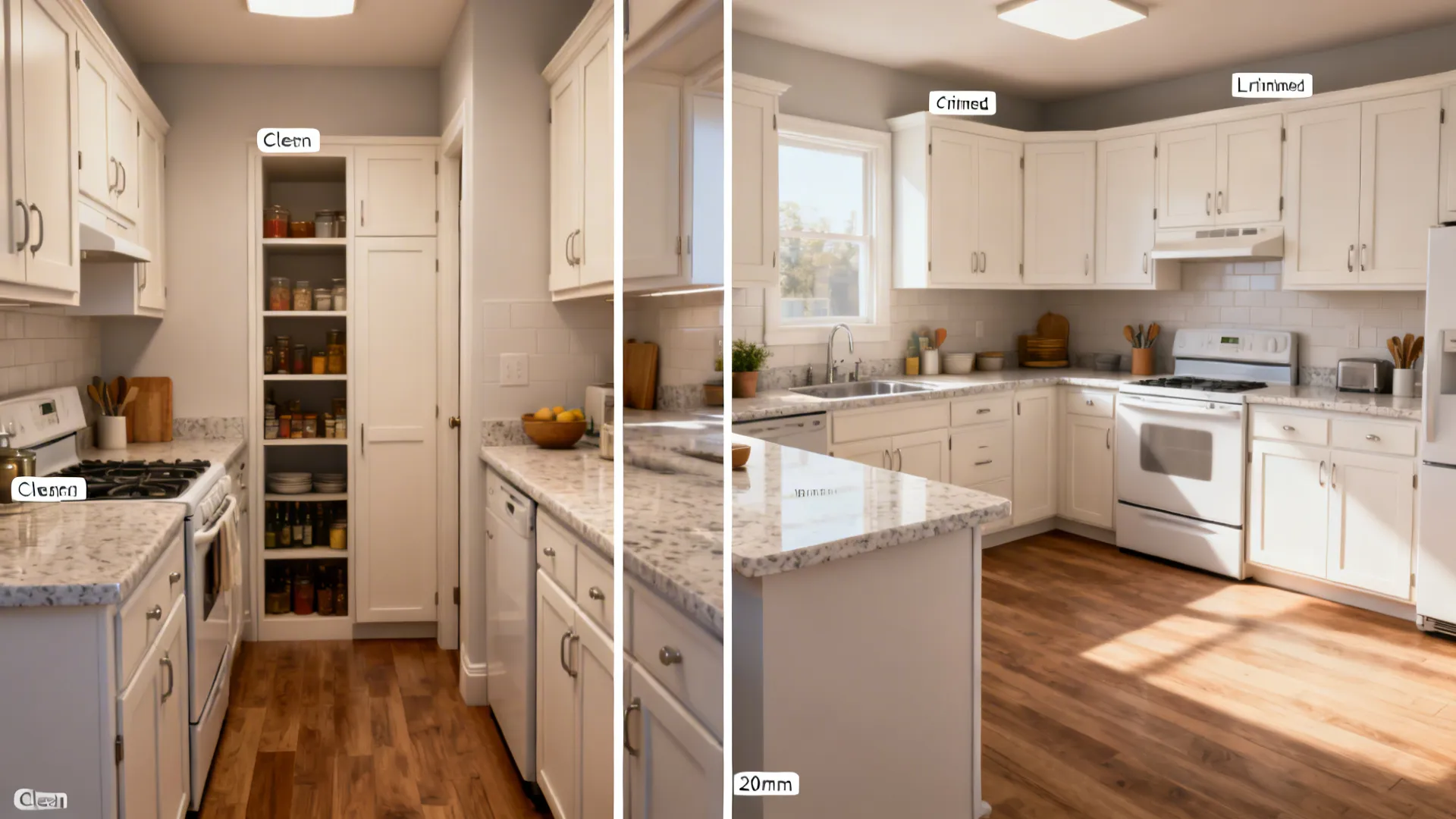 Before and after comparison of kitchen layout showing narrow pantry versus open l-shaped kitchen design style