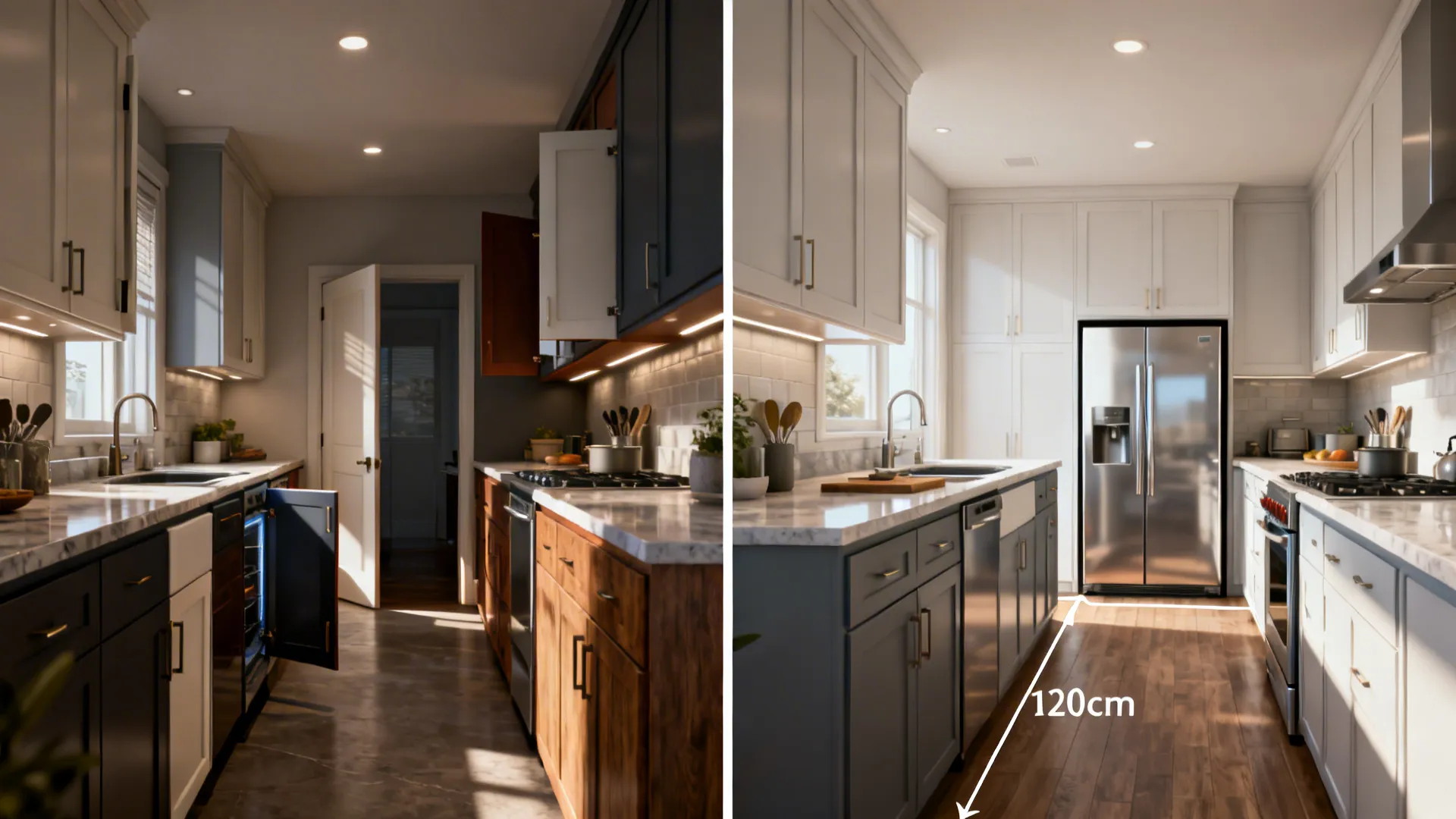 Before and after comparison of kitchen layout showing improved cabinet organization and wider floor walkway space