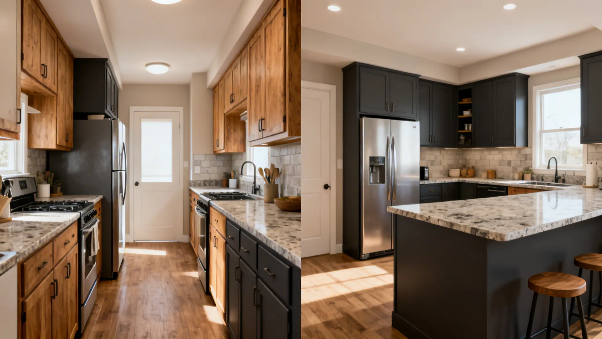 Before and after kitchen renovation showing narrow wood cabinets compared to open layout with dark island