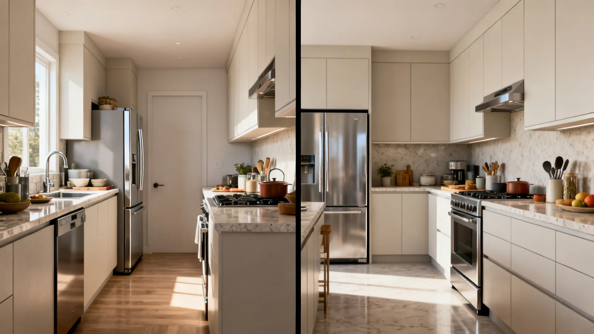 Before-and-after galley kitchen showing a relocated fridge to improve workflow and aisle space.