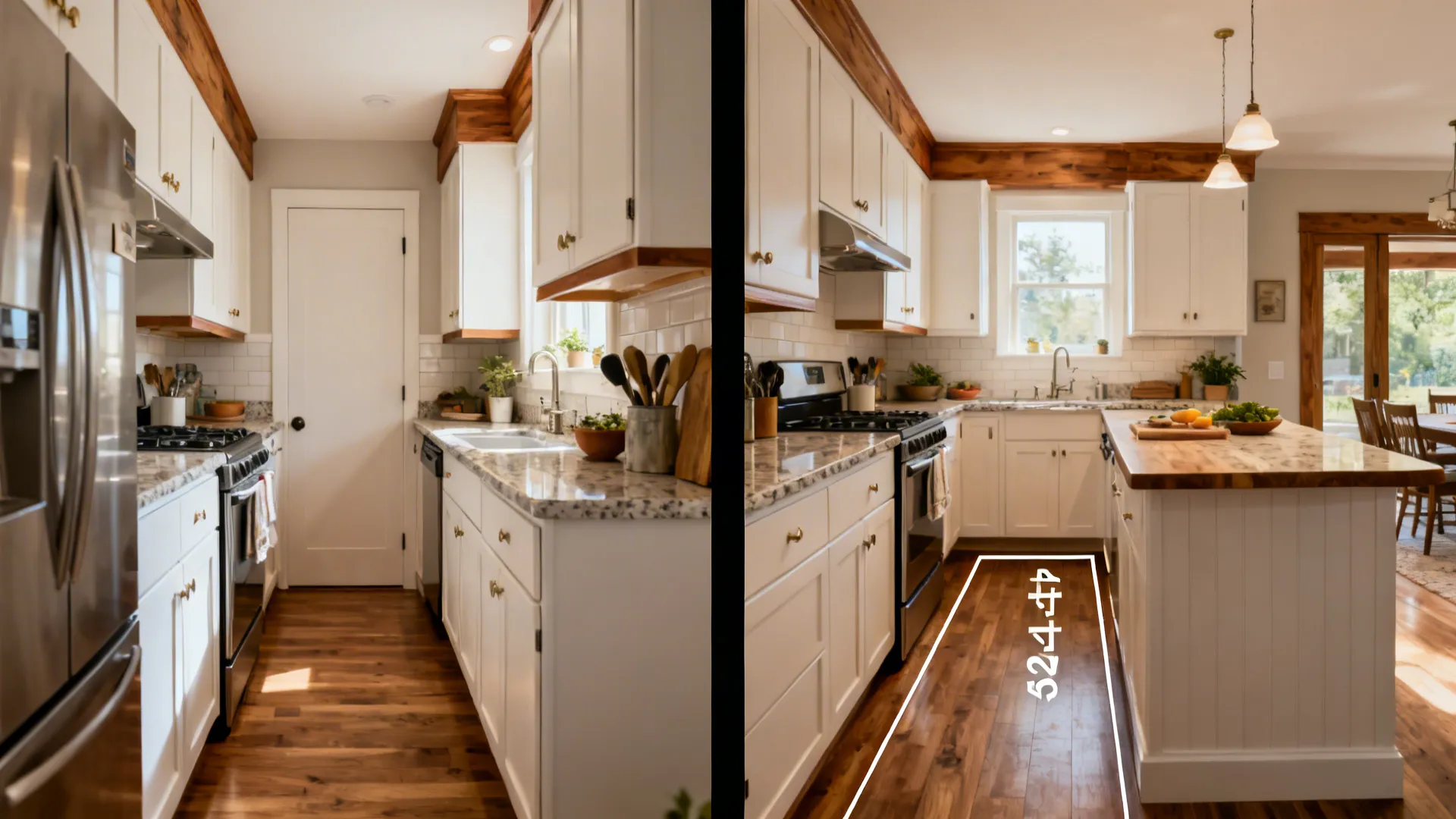 Before-and-after small kitchen shifting from a tight U-shape to an open L-shape with better flow.