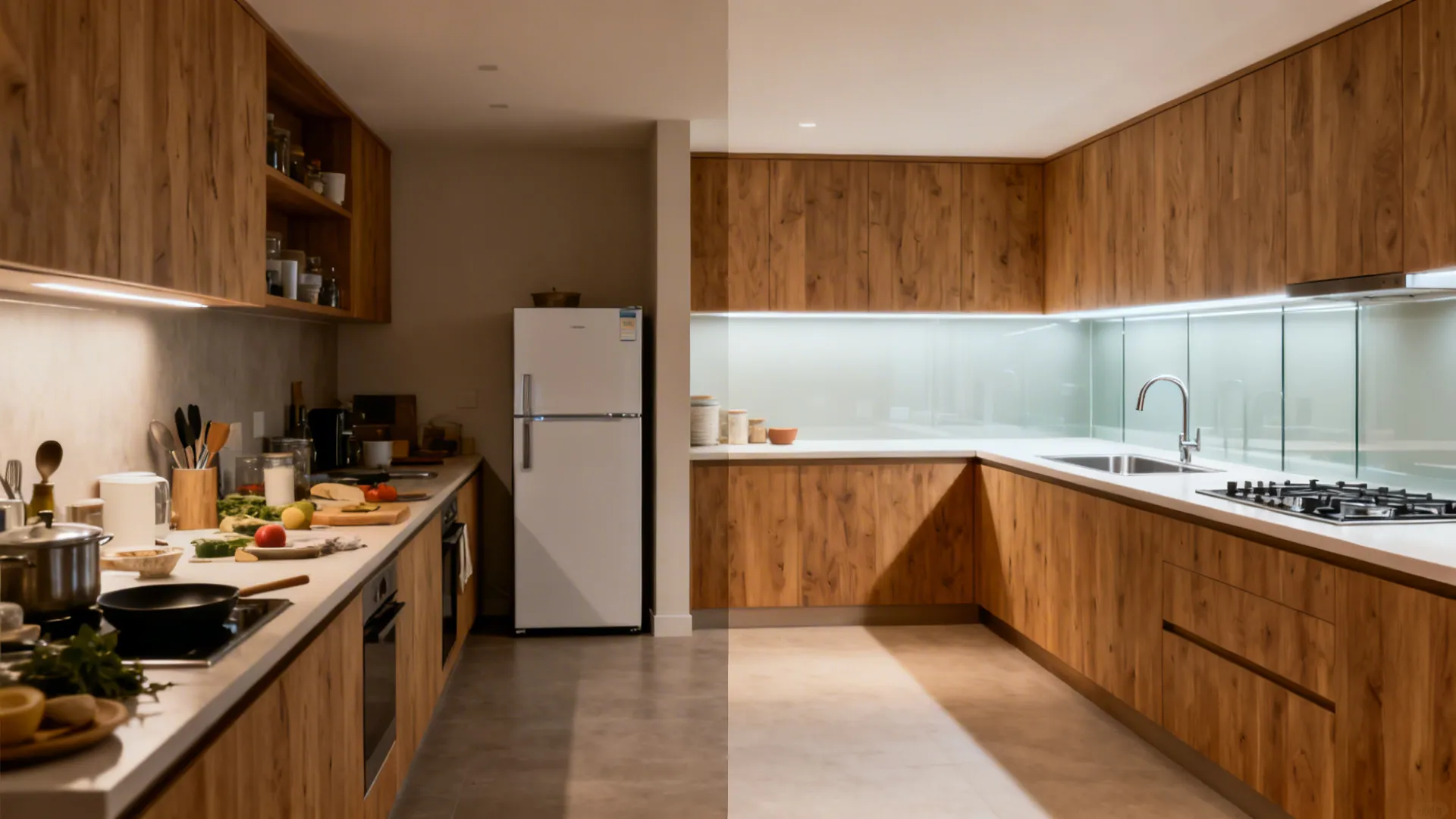 Before-and-after of a 12x8 kitchen changing from single-wall to optimized L-shape.