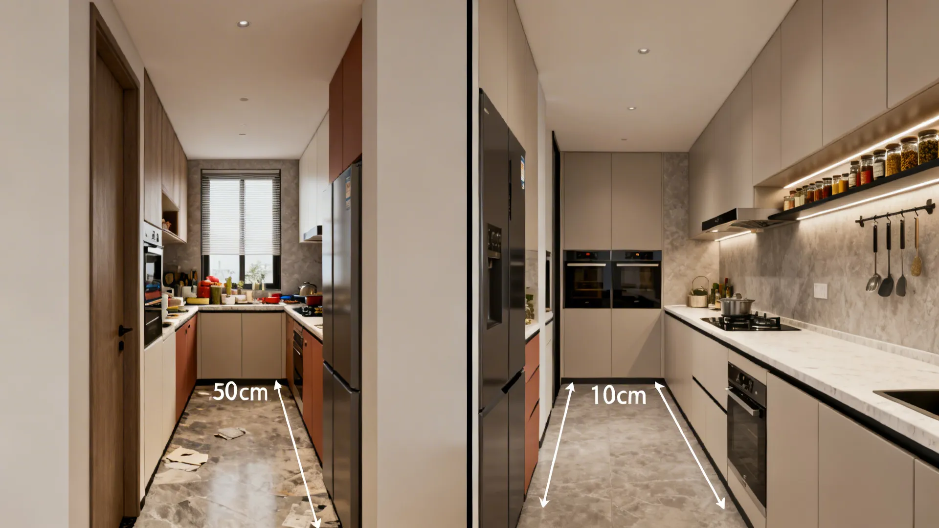 Before-and-after of a small rectangular kitchen from cluttered to optimized galley