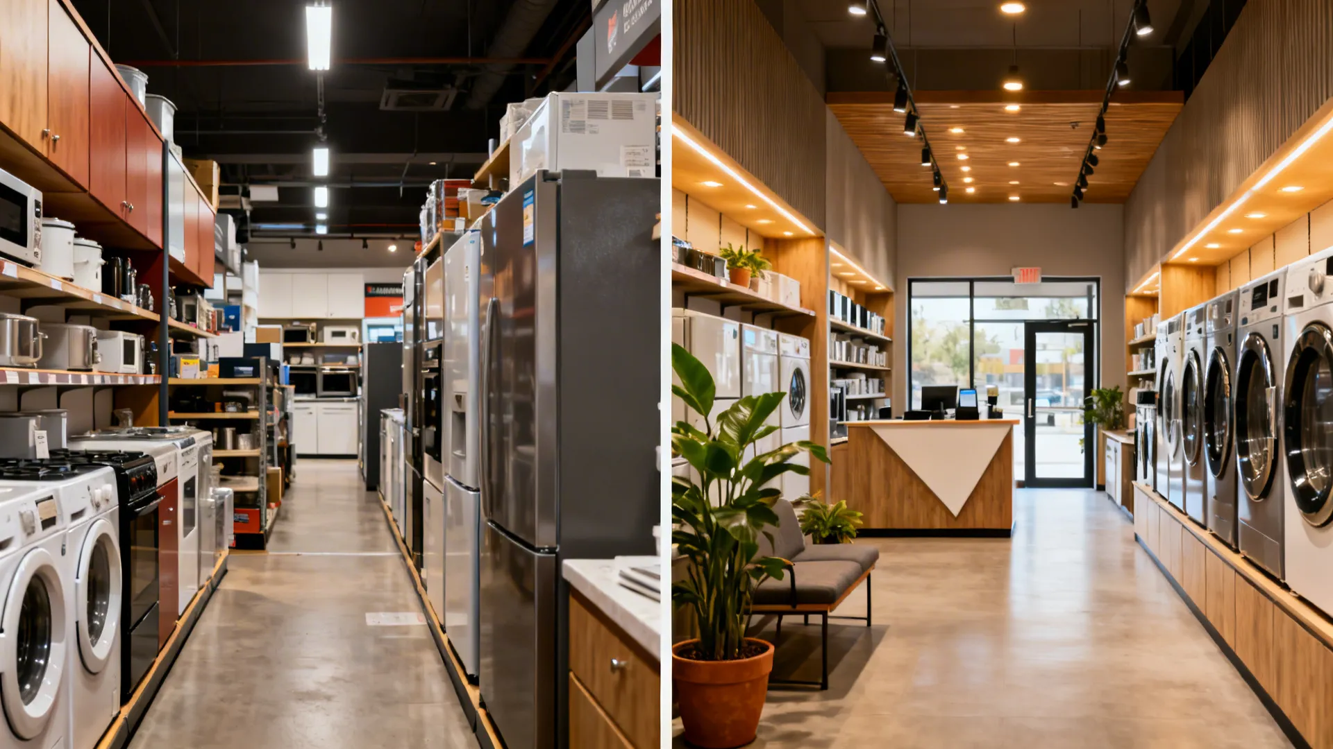 Before and after comparison of a messy appliance store transformed into a modern bright interior showroom