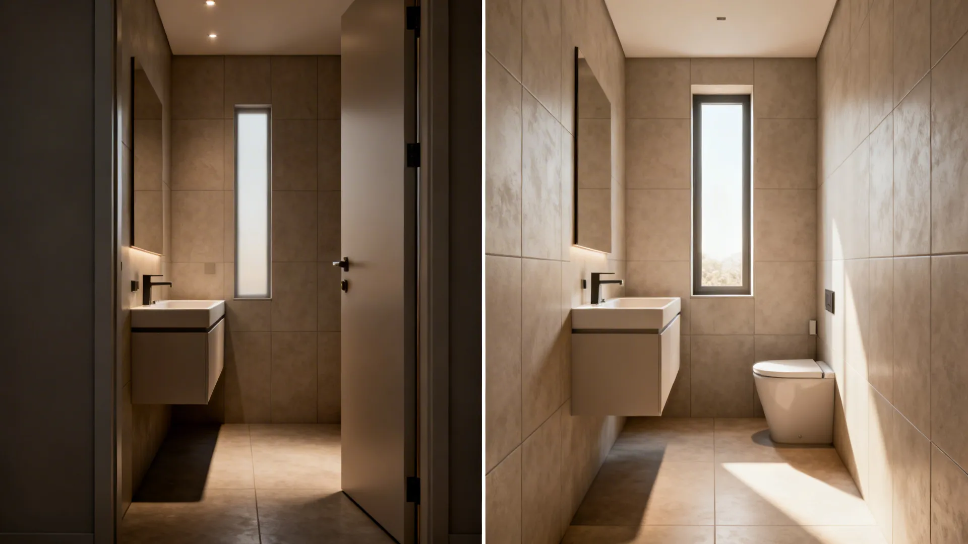 Before-and-after of a narrow bathroom where a slight vanity shift opens sightlines to a window.