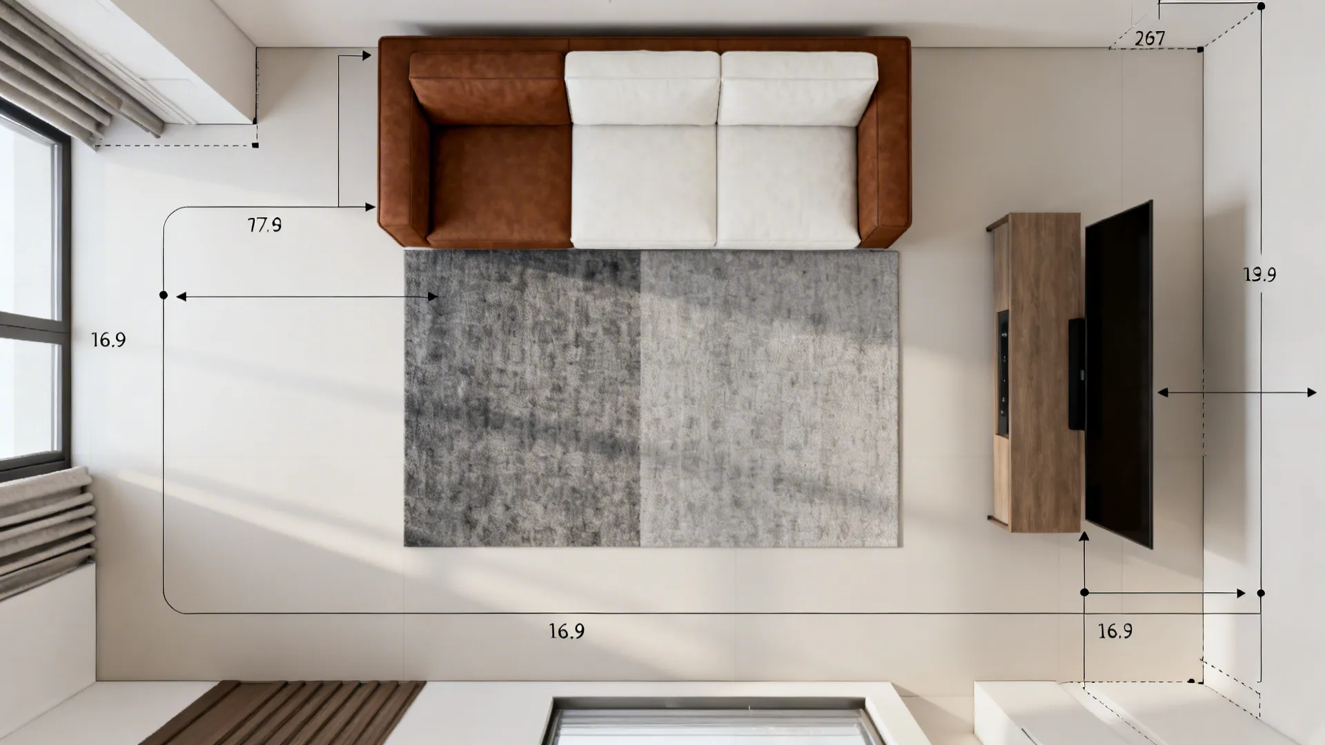 Top-down furniture block layout in brown, white and grey for quick planning