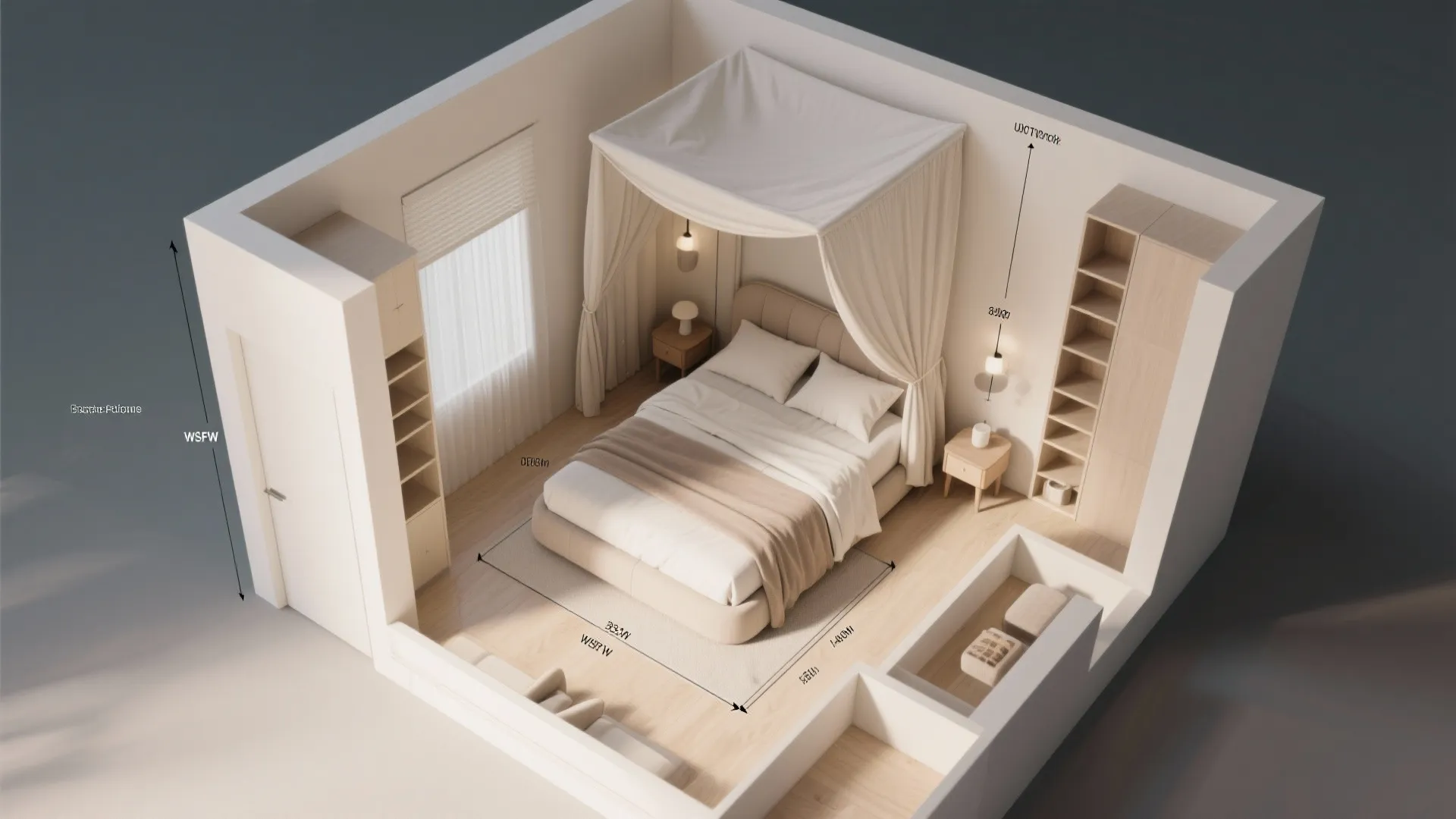 Interior design drawing showing a bedroom layout with a bed cabinets and floor plan measurements