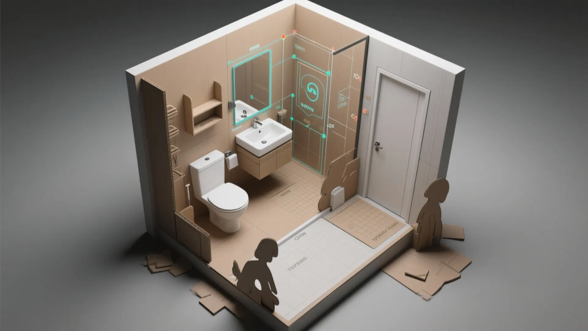 Cardboard model of a small bathroom layout showing white toilet, sink, and interior design drawing