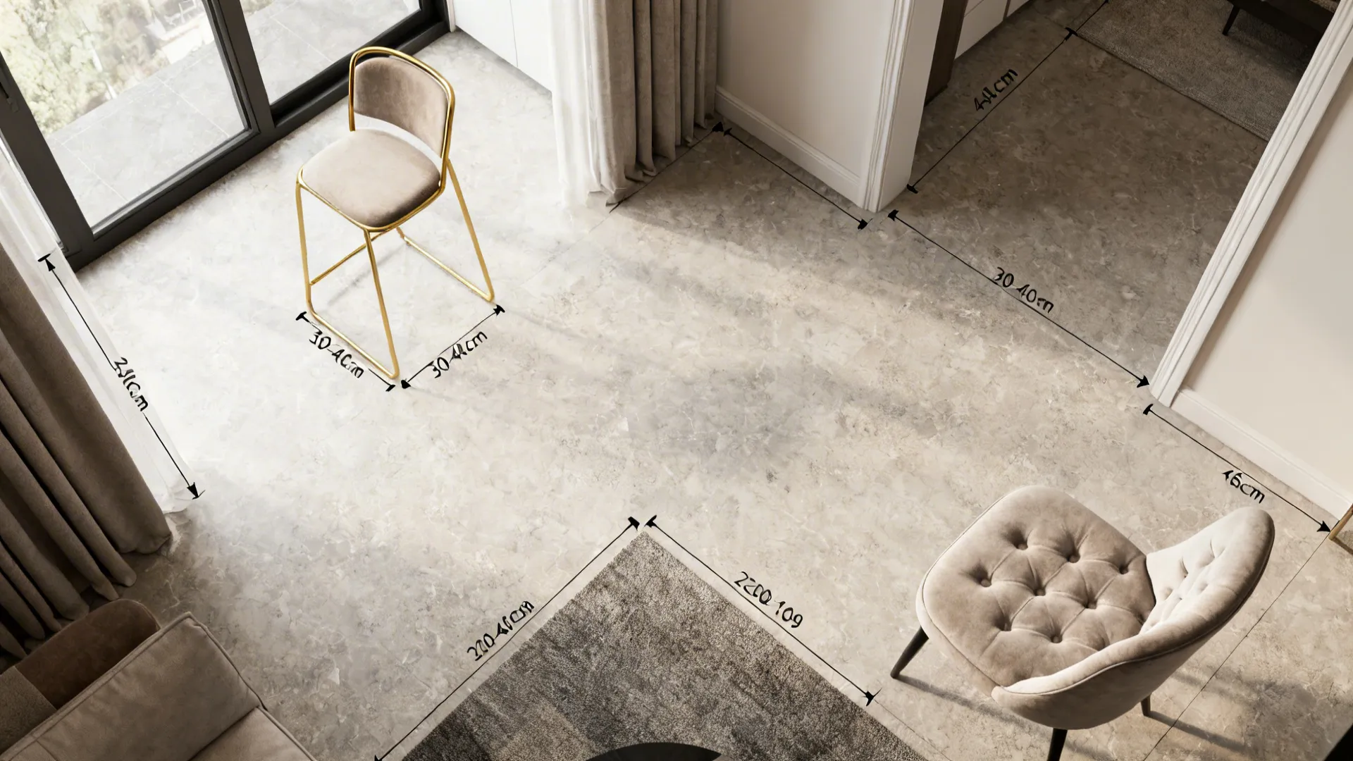 Top-down layout showing chair placement and circulation for small living spaces with a gold accent chair
