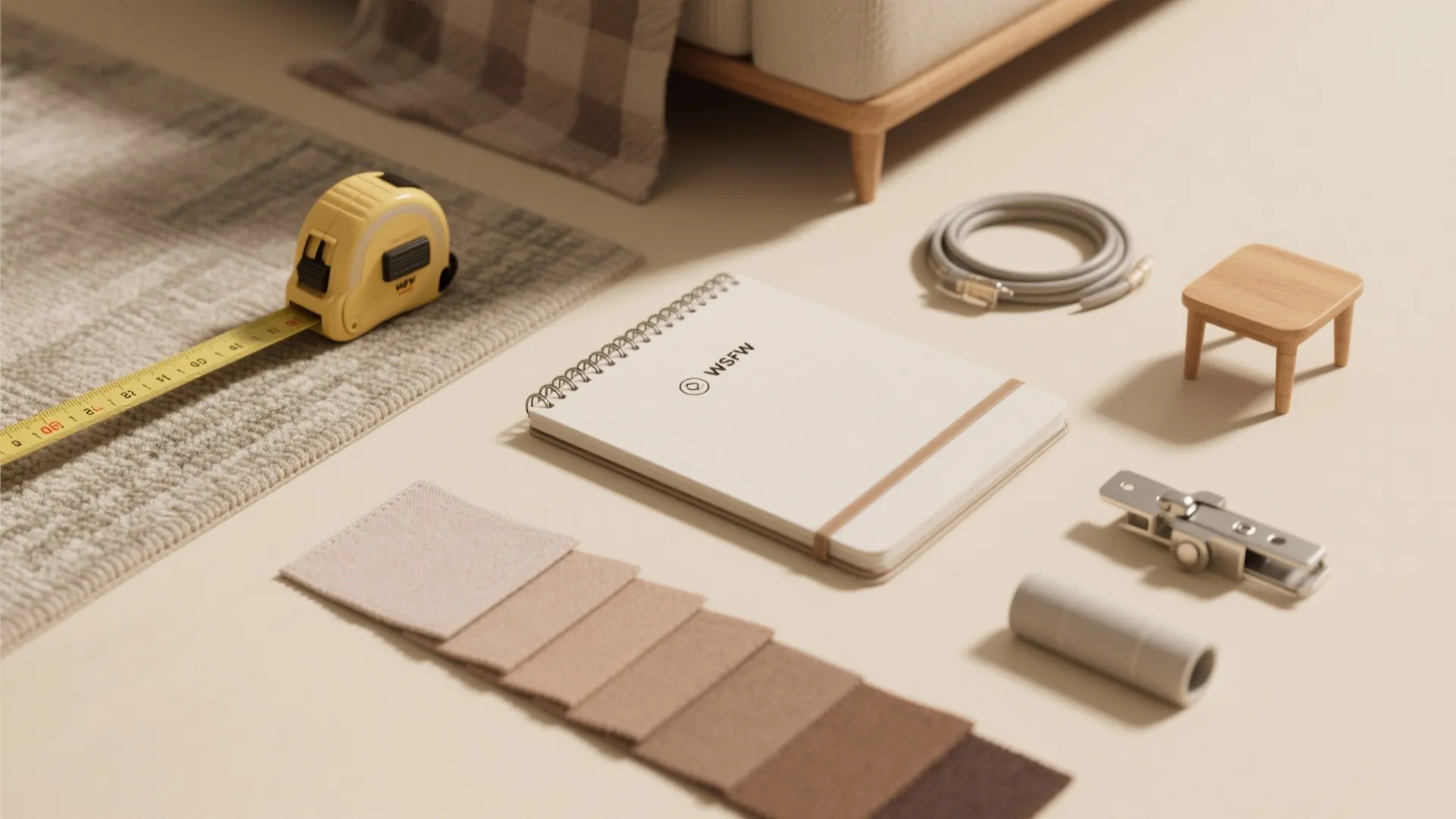 Measuring tape notebook fabric samples and small wooden stool on a light colored flat surface