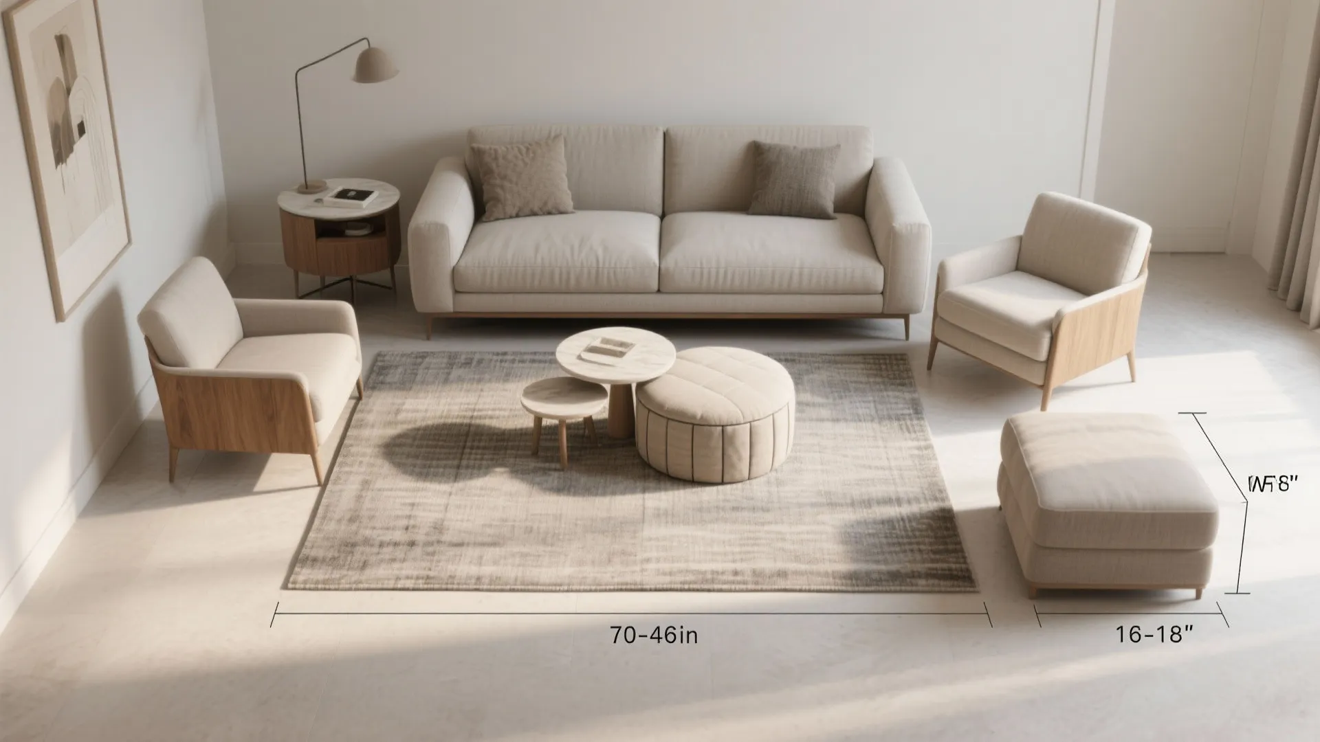 Modern living room furniture layout with beige sofa and armchairs showing exact size measurements labels