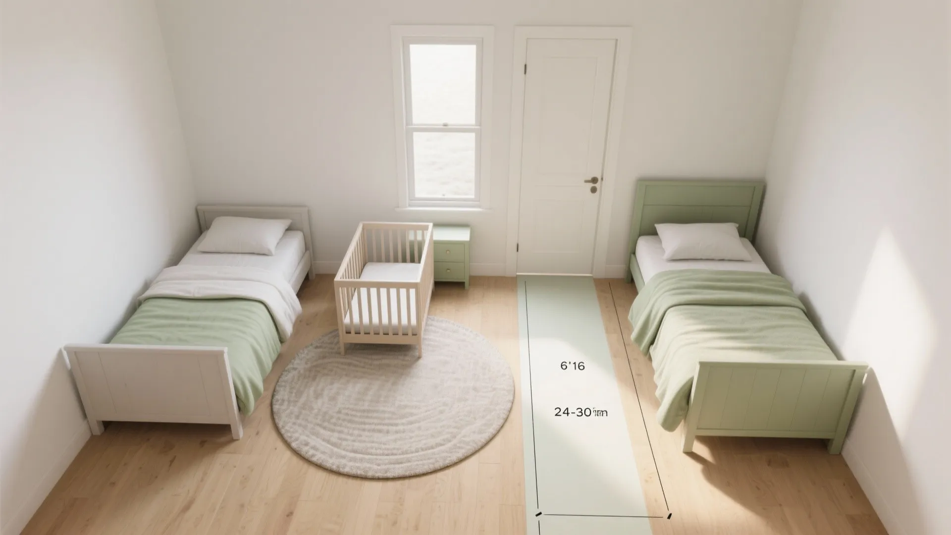 Top view interior design drawing showing distance measurements between two beds and a small crib
