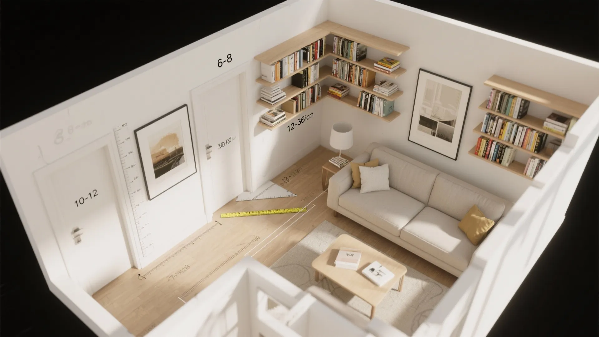 Modern living room layout drawing with sofa coffee table wall bookshelves and floor measurement guides
