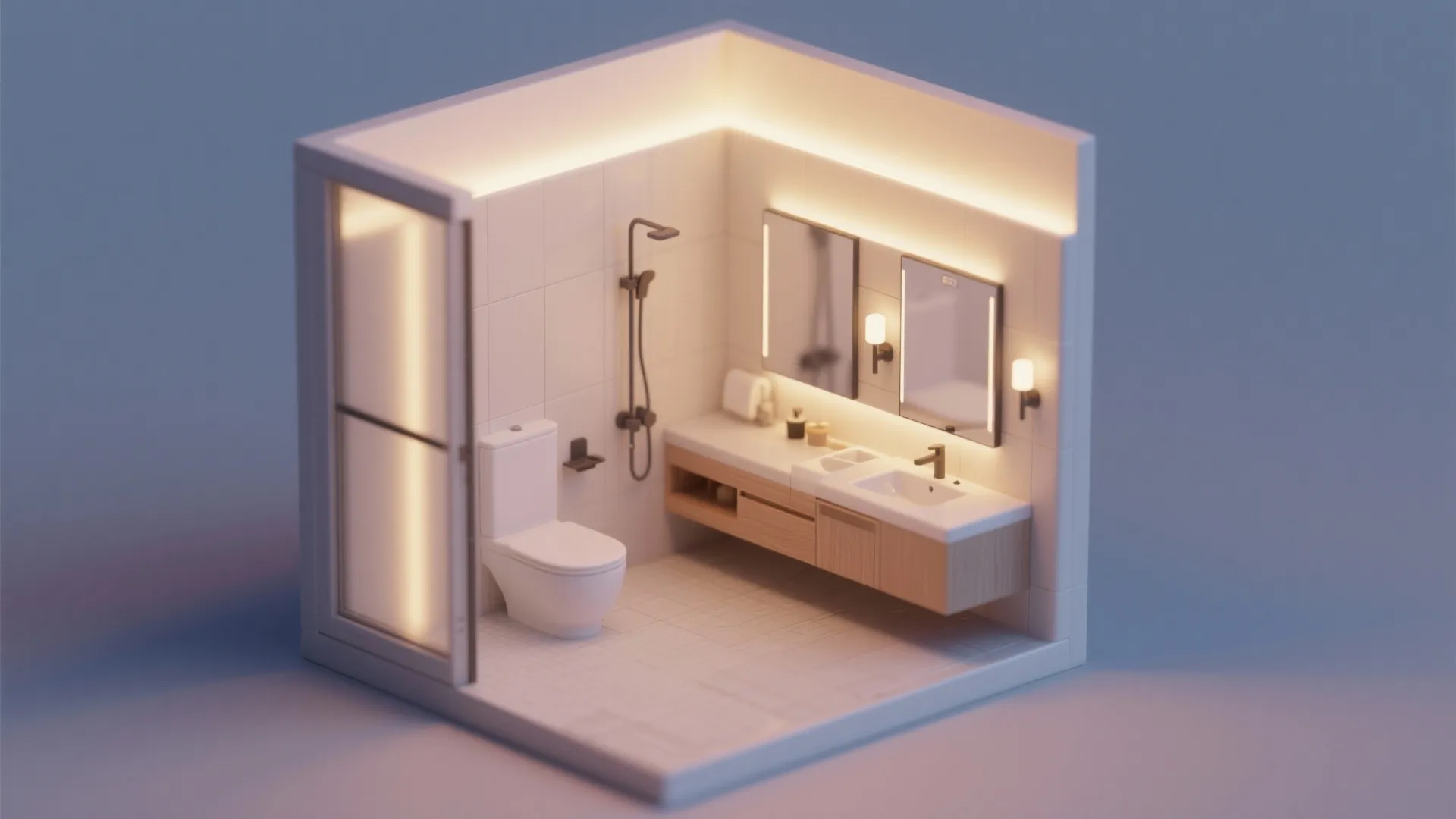 Modern small bathroom interior design drawing with toilet shower sink wooden cabinet and warm light