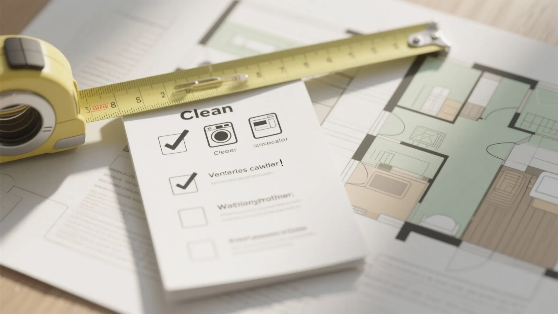 Cleaning checklist paper with yellow measuring tape placed on top of a home floor plan