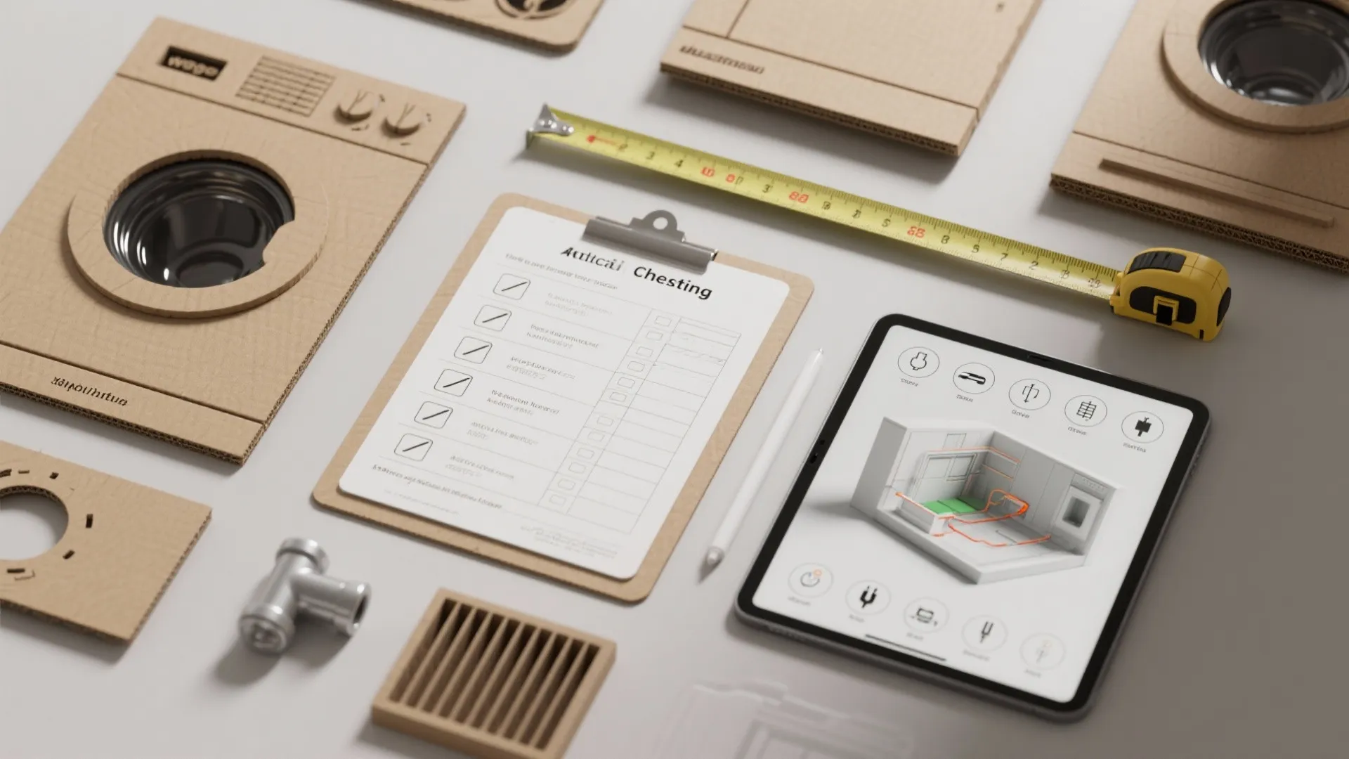 Interior design planning with cardboard models measuring tape checklist and tablet showing a room layout