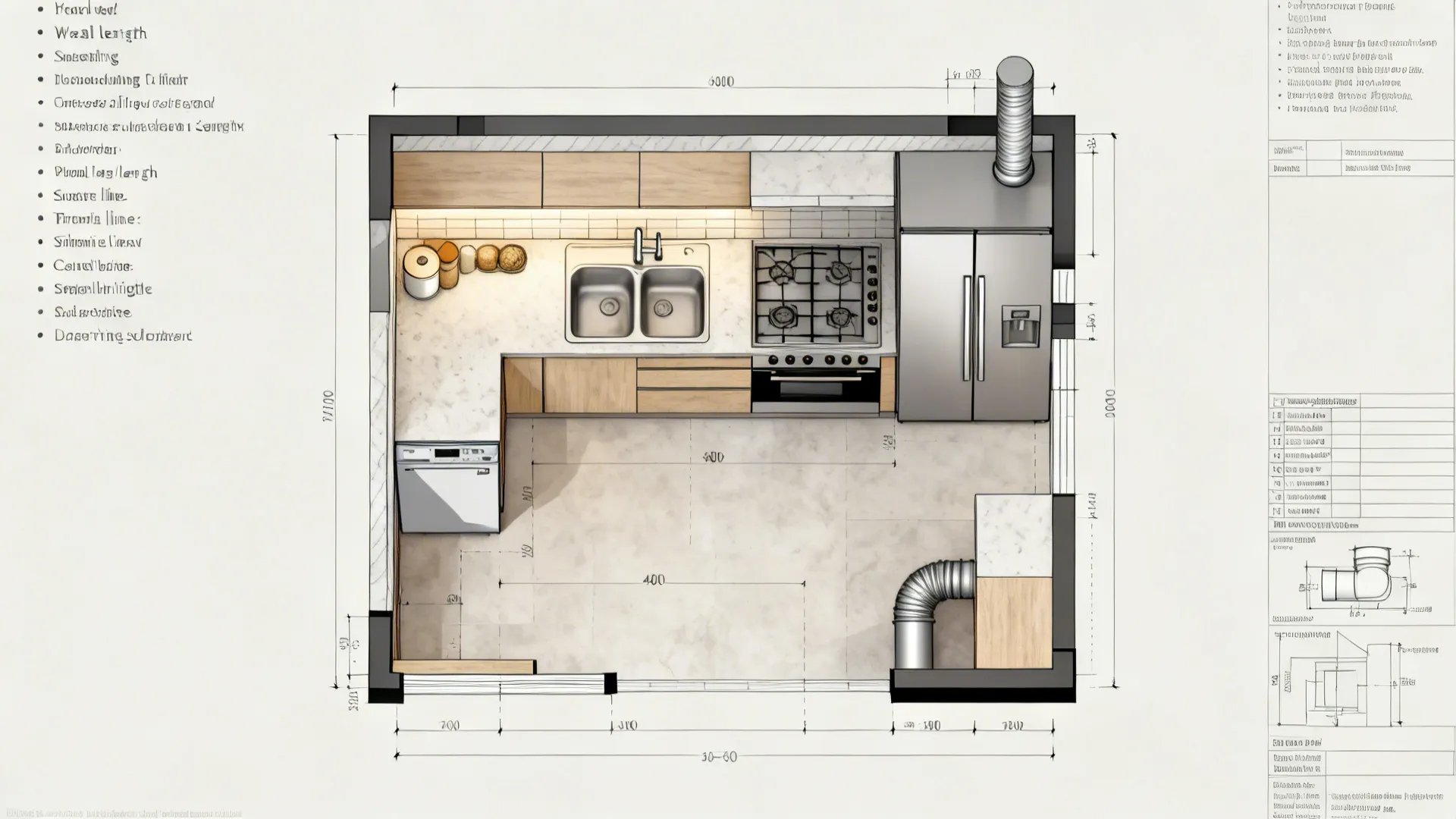 Plan view highlighting sink centerline, appliance landings, corner hardware, outlets, and ventilation in an L-shaped kitchen.