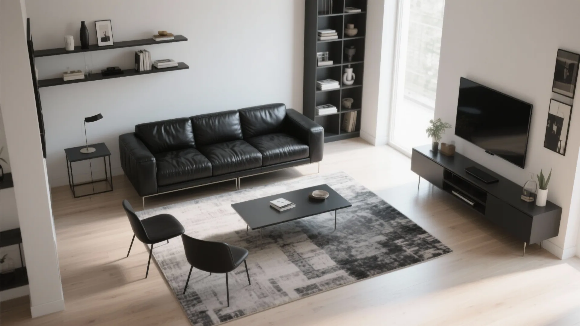 Small living room layout with a floated black leather sofa and slim console creating a clear circulation path.
