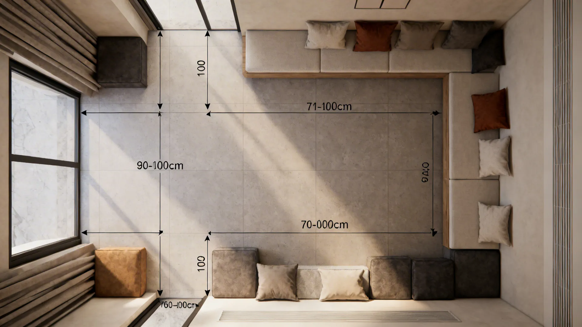 Top-down layout showing 90–100cm circulation paths and sofa-free seating arrangements.
