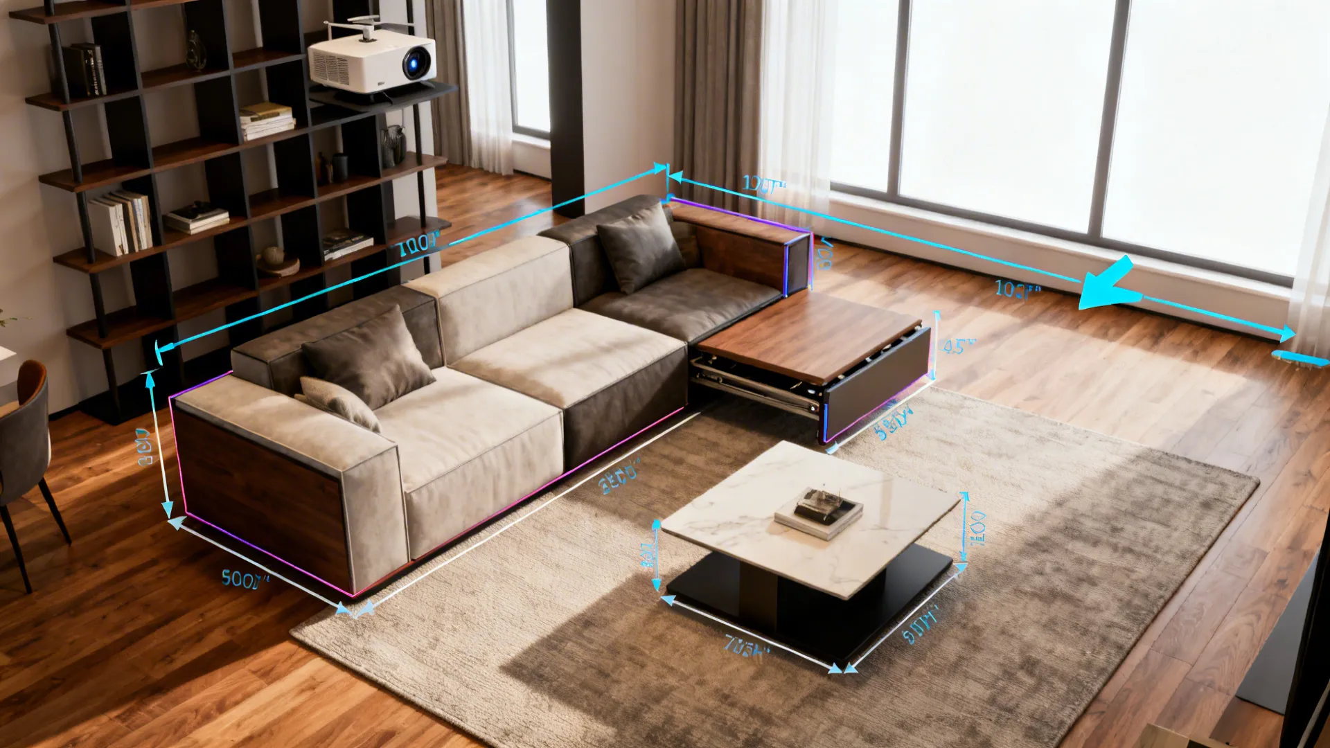 Scaled 3D layout showing furniture footprints and circulation clearances for a multifunctional living room.