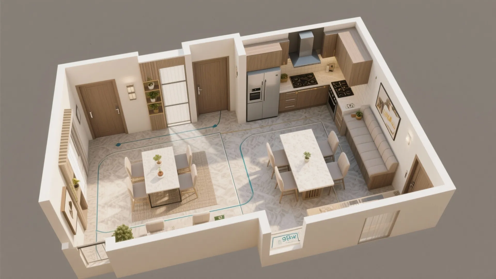 Interior design drawing of a restaurant floor plan with dining tables and a kitchen area