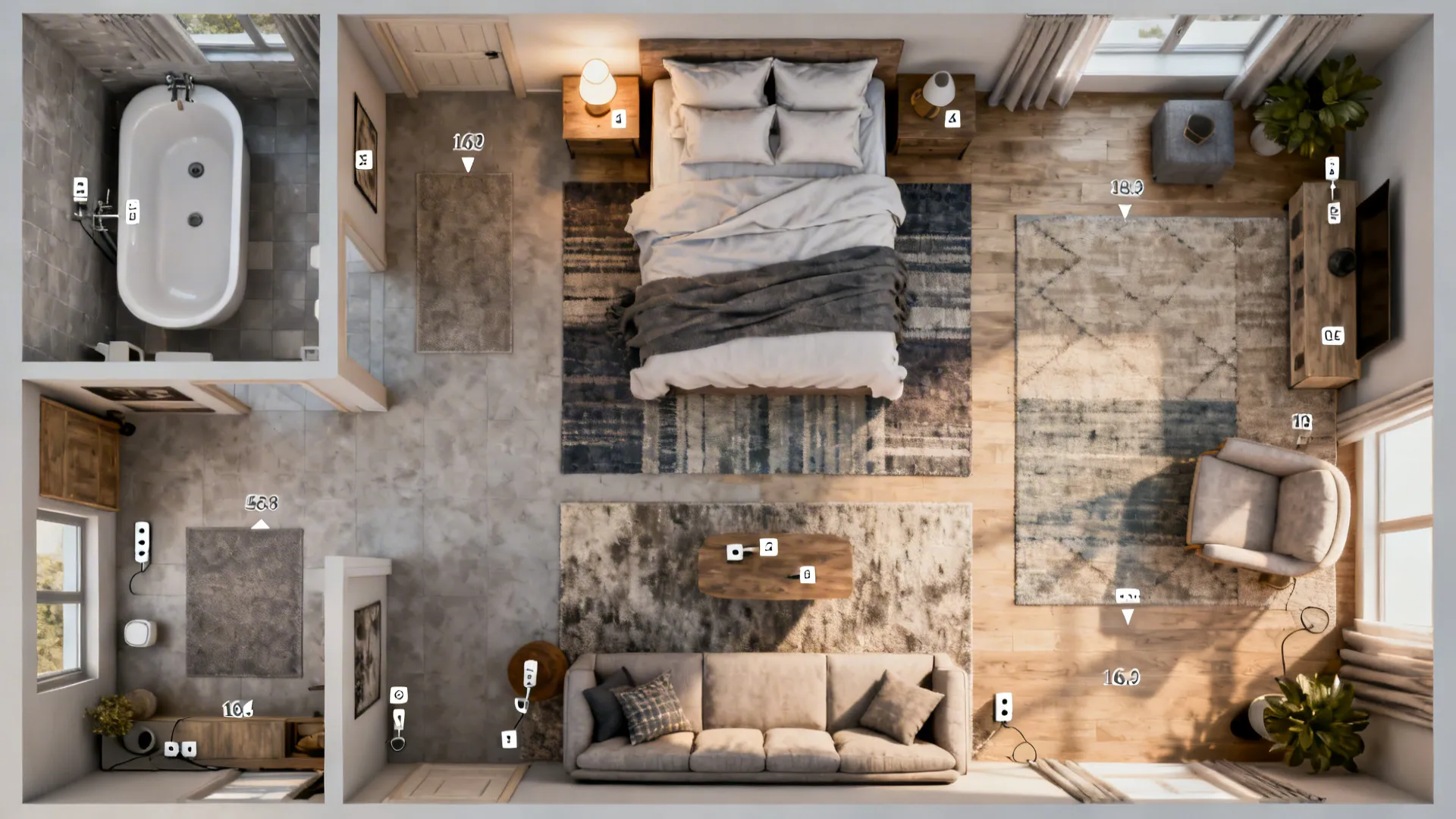 Interior design drawing showing top view of apartment with bedroom bathroom living area and furniture icons