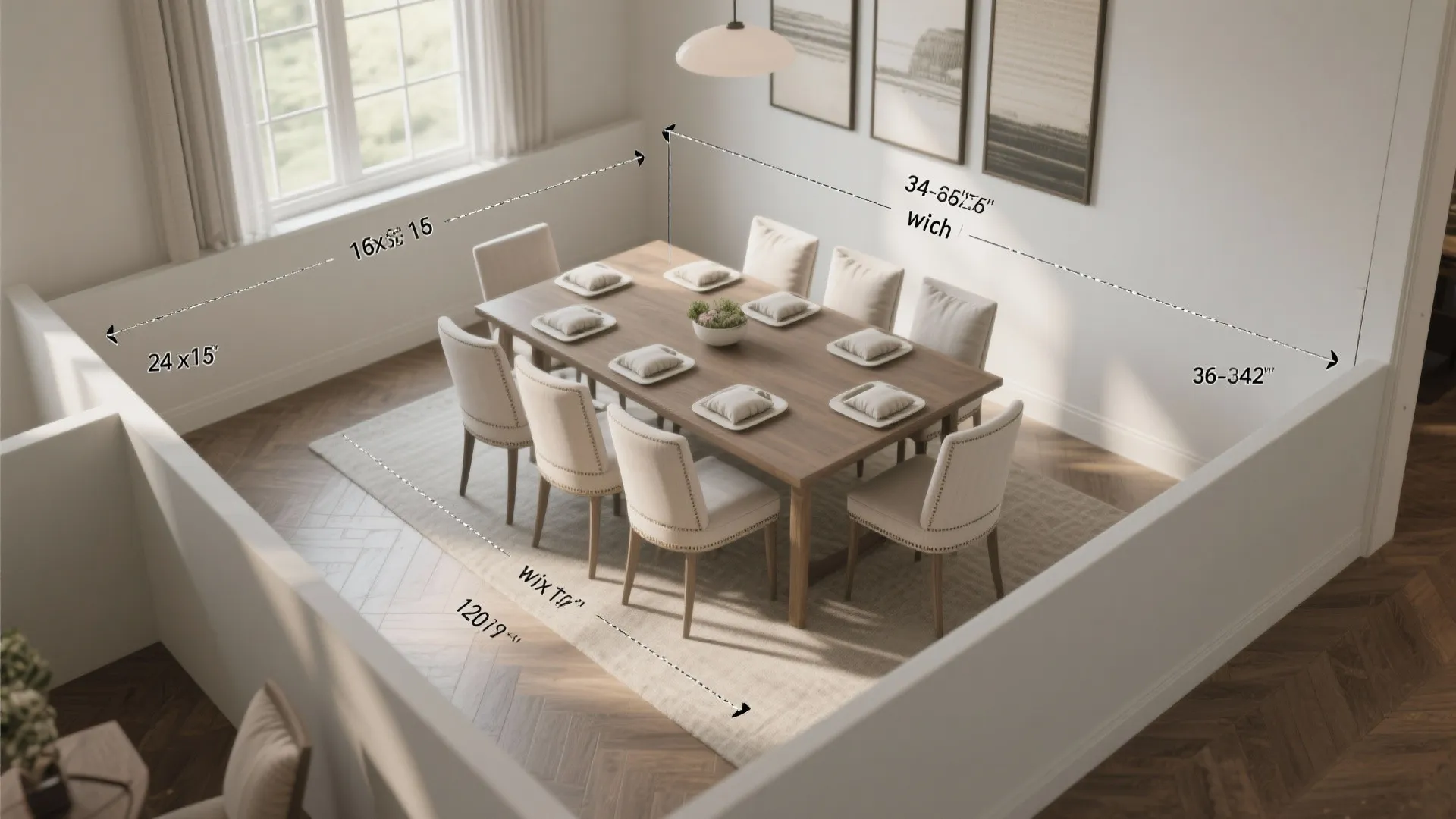 Interior design drawing of dining room showing table chairs and floor space with measurement labels