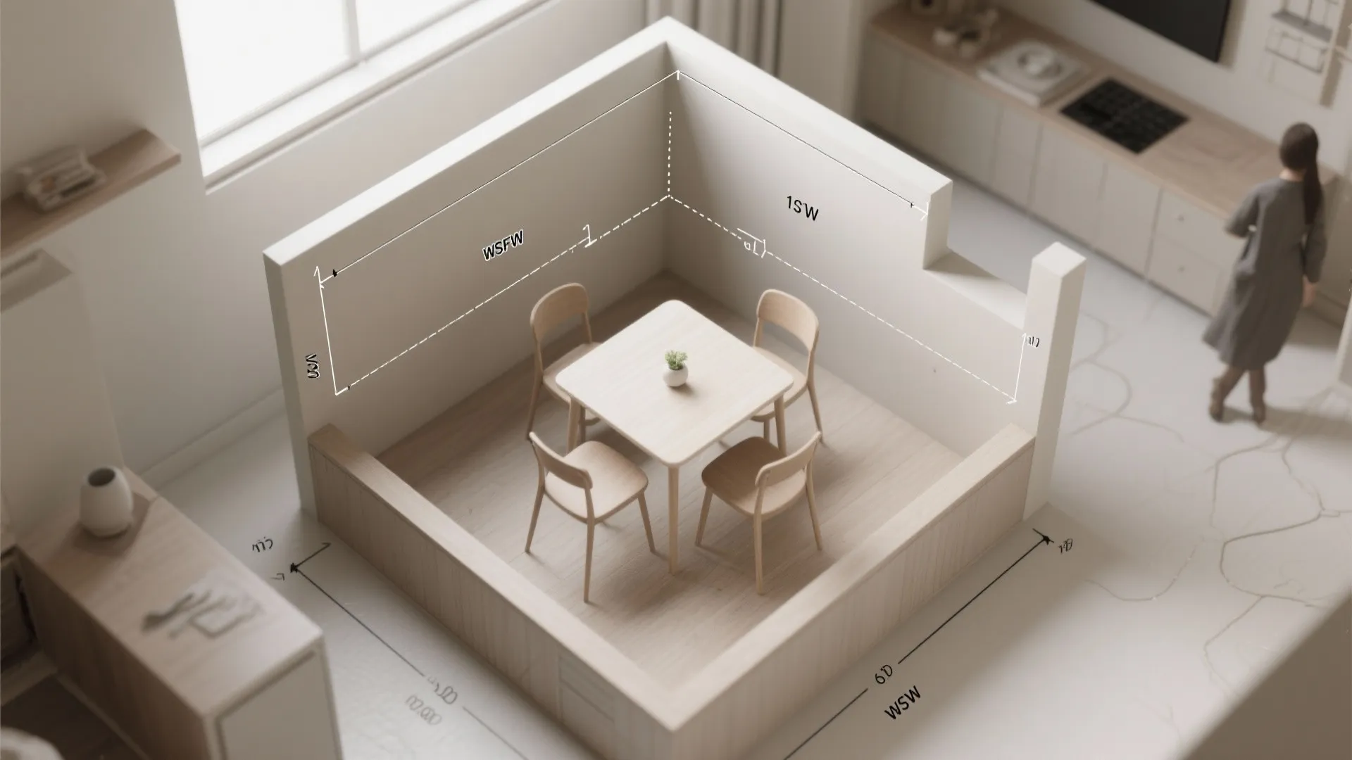 Interior design drawing showing small dining area with four wooden chairs and square dining table