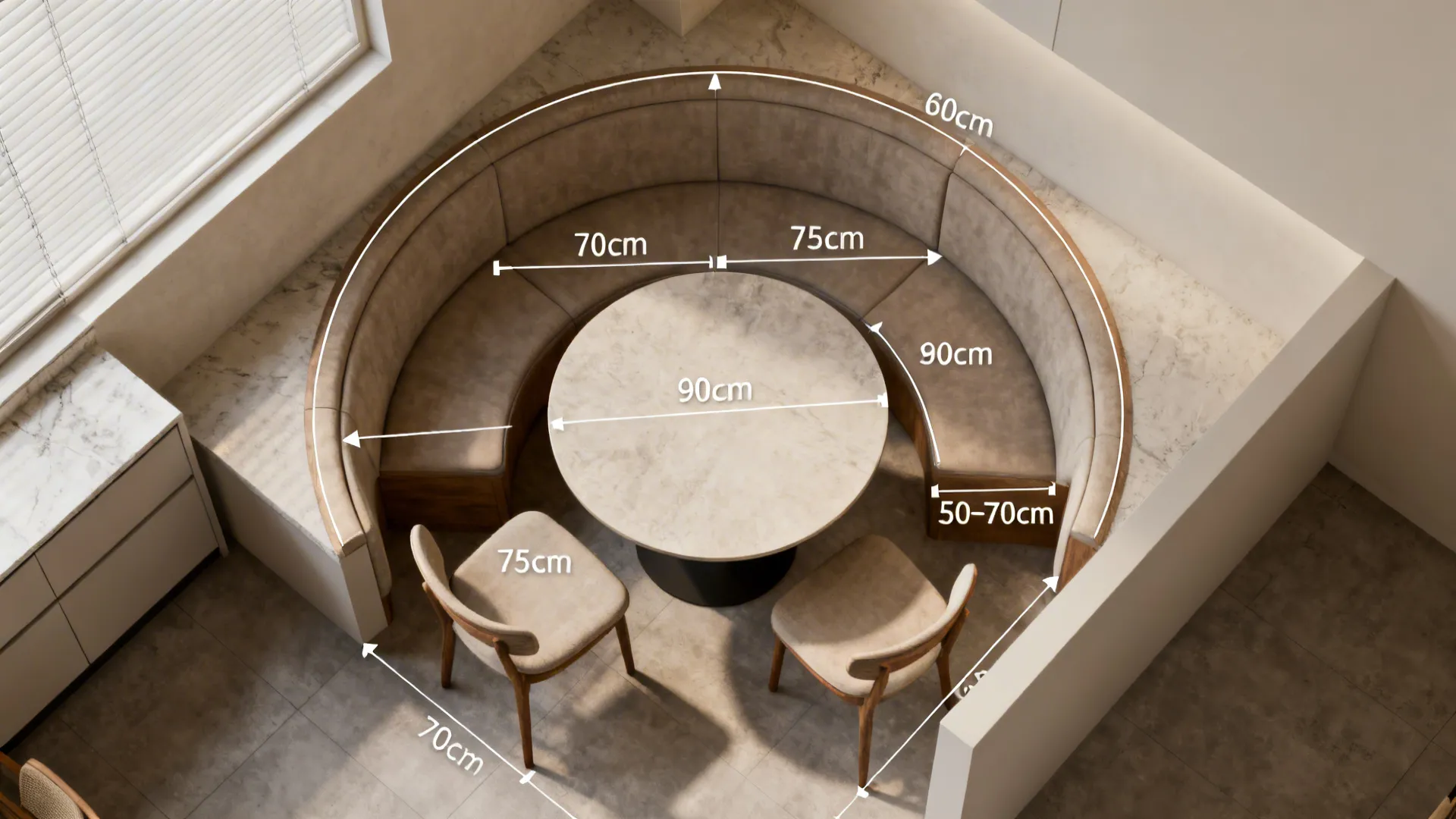 Top-down layout showing table sizes and required clearance for chairs and diners.
