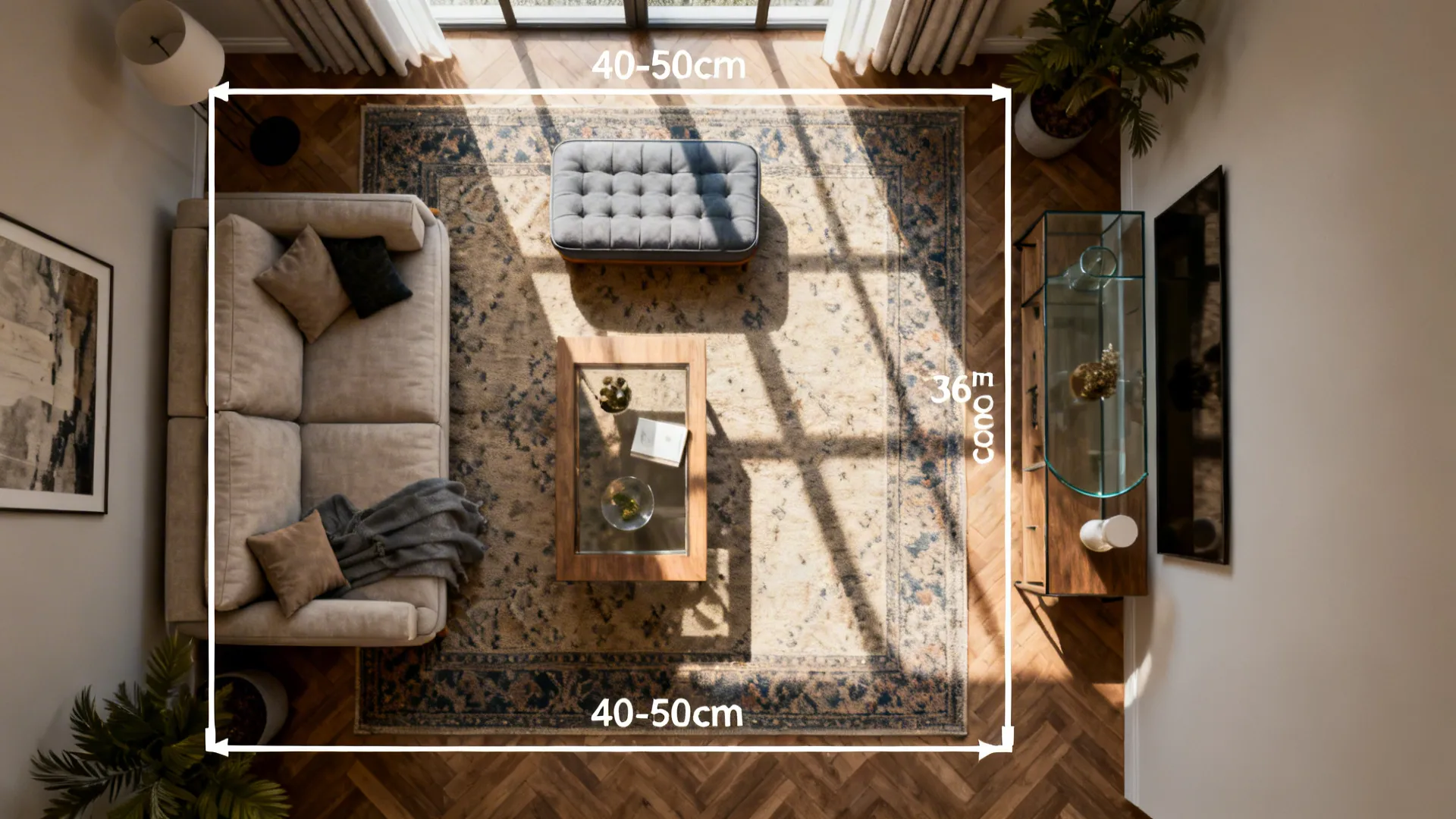 Top view room layout showing sofa and rug with white measurement lines for furniture clearance