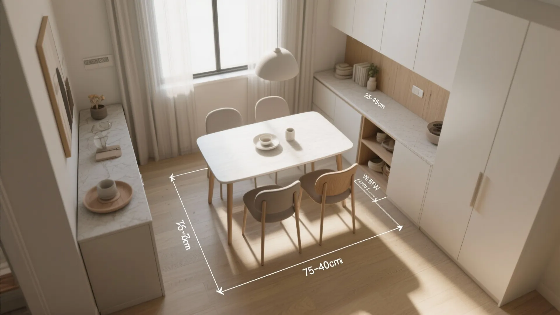 Interior design drawing showing dining table clearance measurements and room layout for a small apartment