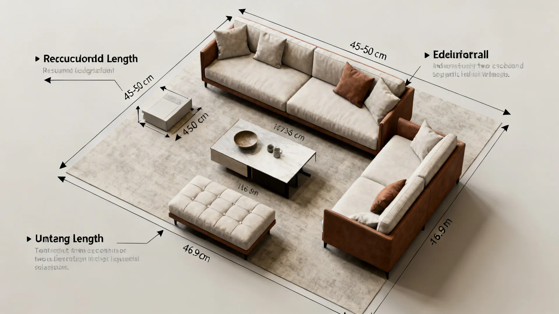 Top-down small living room layout diagram showing clearances and ottoman-to-sofa proportions.