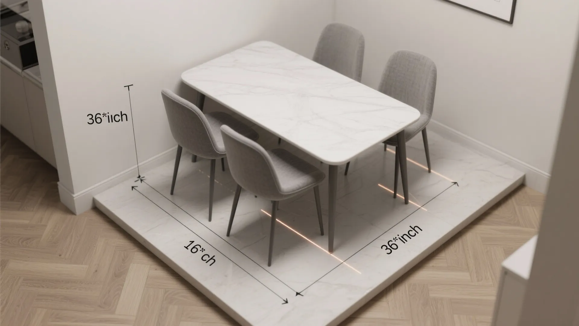 Interior design drawing showing dining table clearance measurements and room layout with four grey chairs