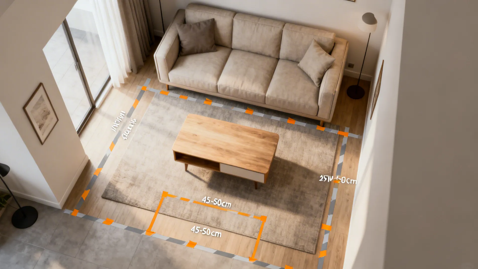 Top-down layout showing coffee table sizing and 45-50 cm clearance guidelines for a small living room