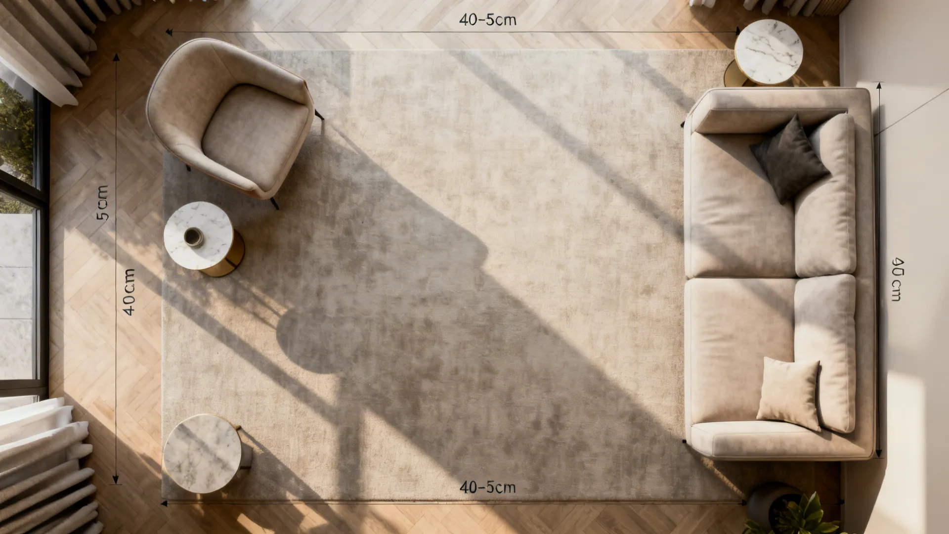Top-down floor plan mockup showing clearances and circulation around round side tables in a small living room