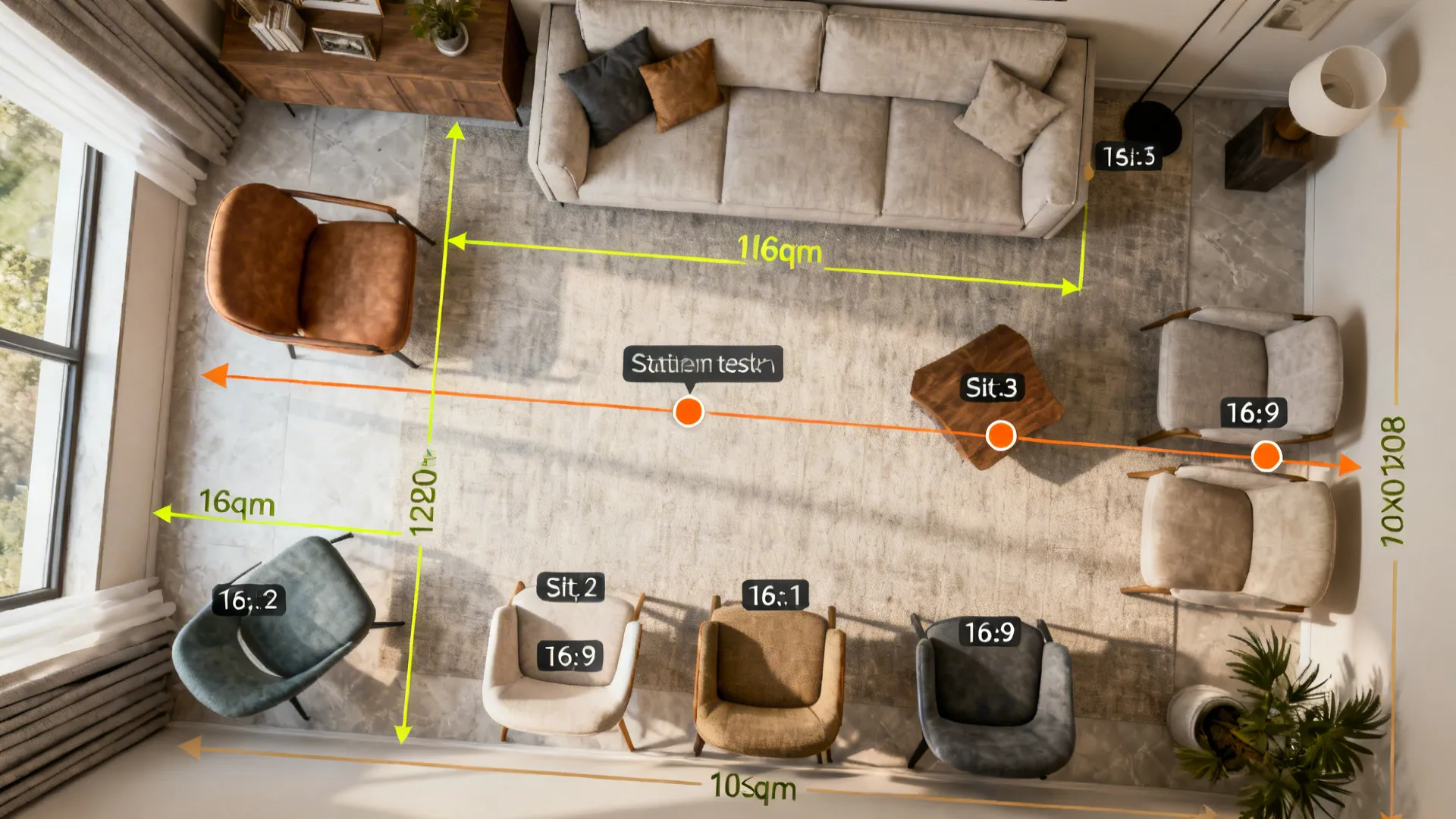 Top-down layout showing clearances and circulation for seating in a 10sqm living room.