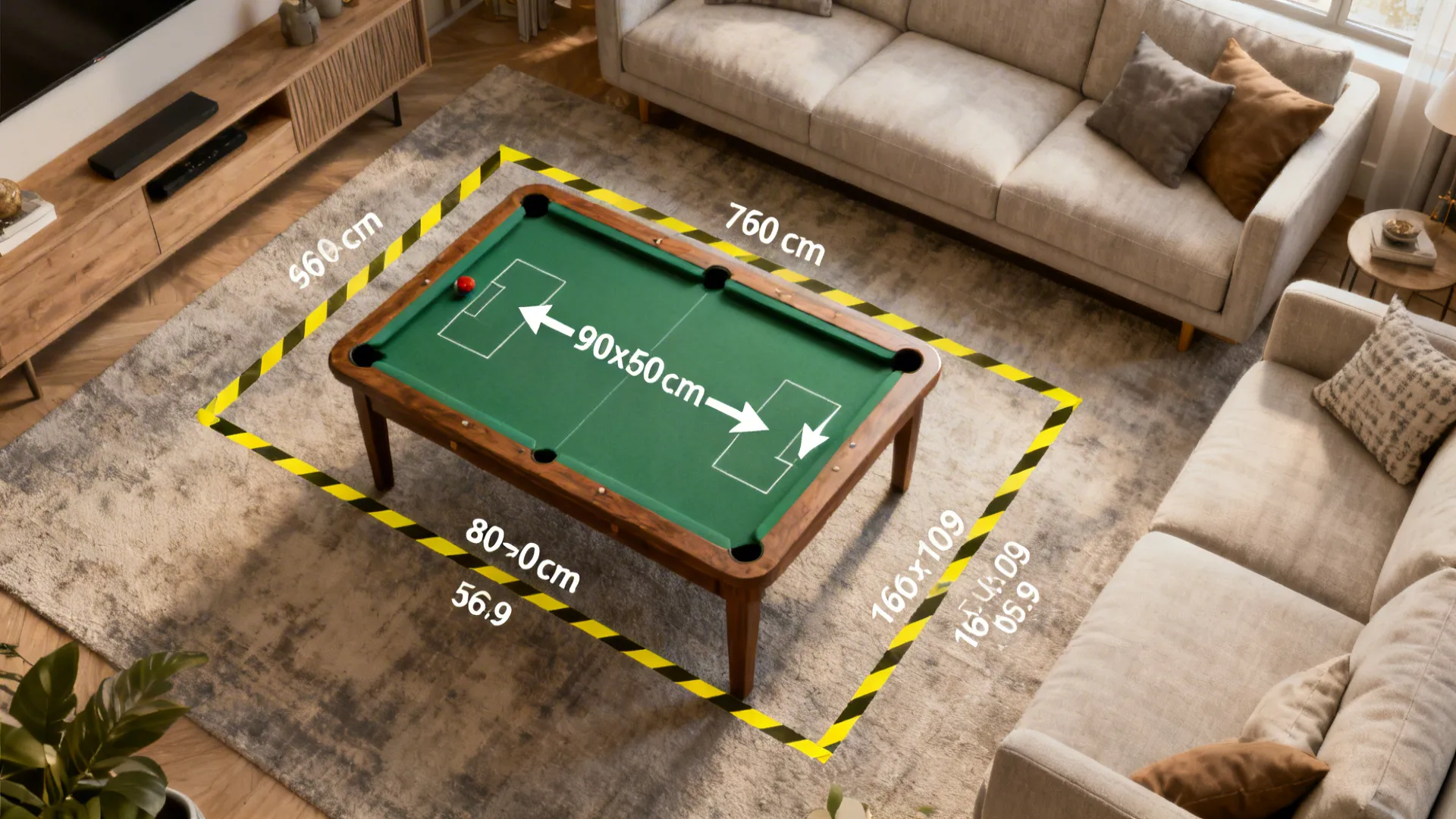 Top-down mockup showing clearance zones and taped outlines for a small living room game table layout