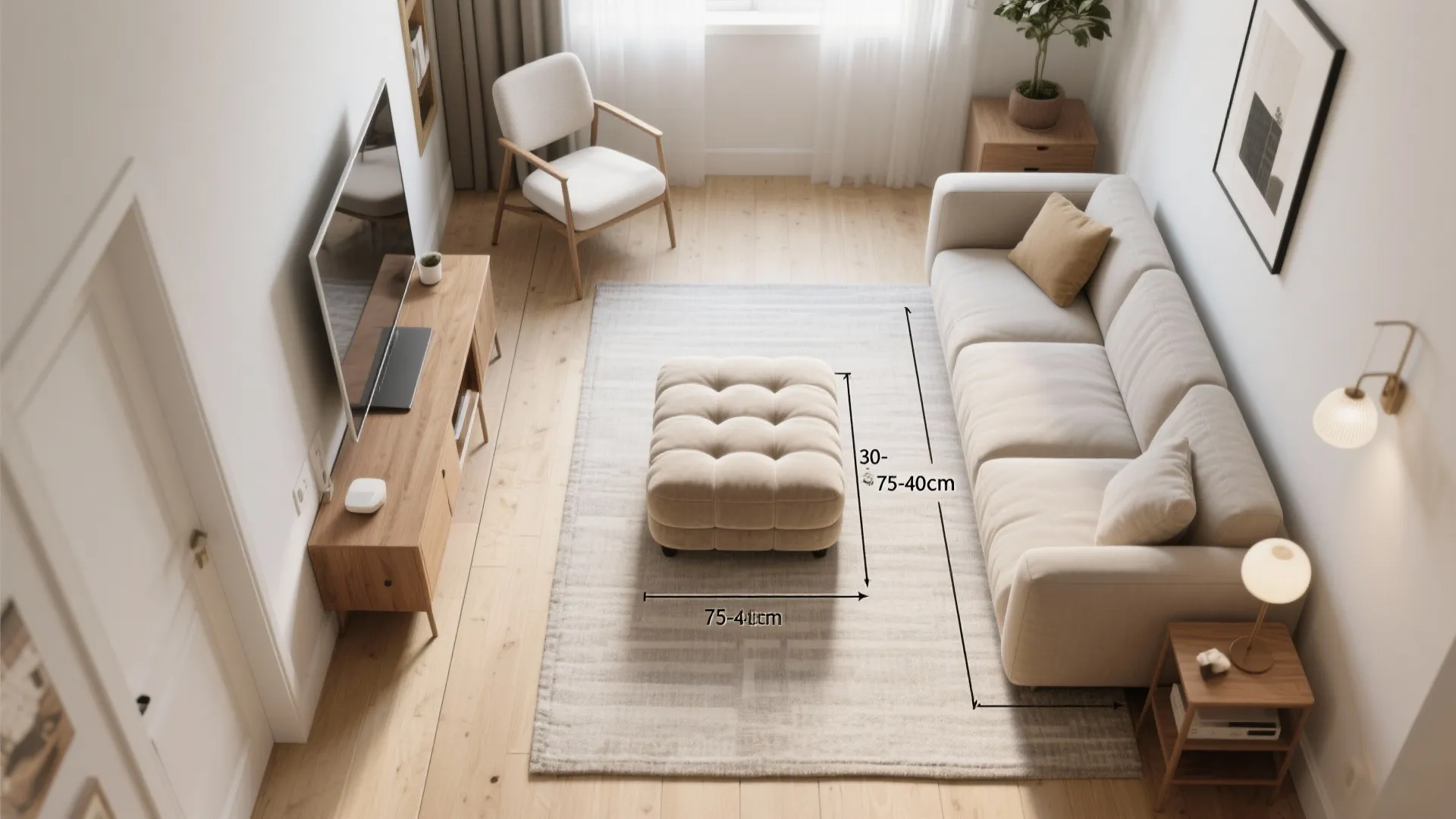 Top-down layout showing ottoman centered with comfortable reach and walkway distances.