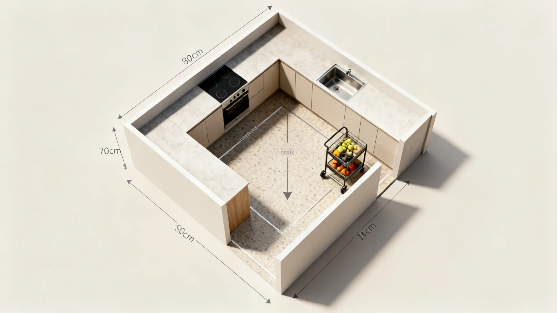 Top-down layout showing an L-shaped kitchen with a trolley and 90 cm walkways.