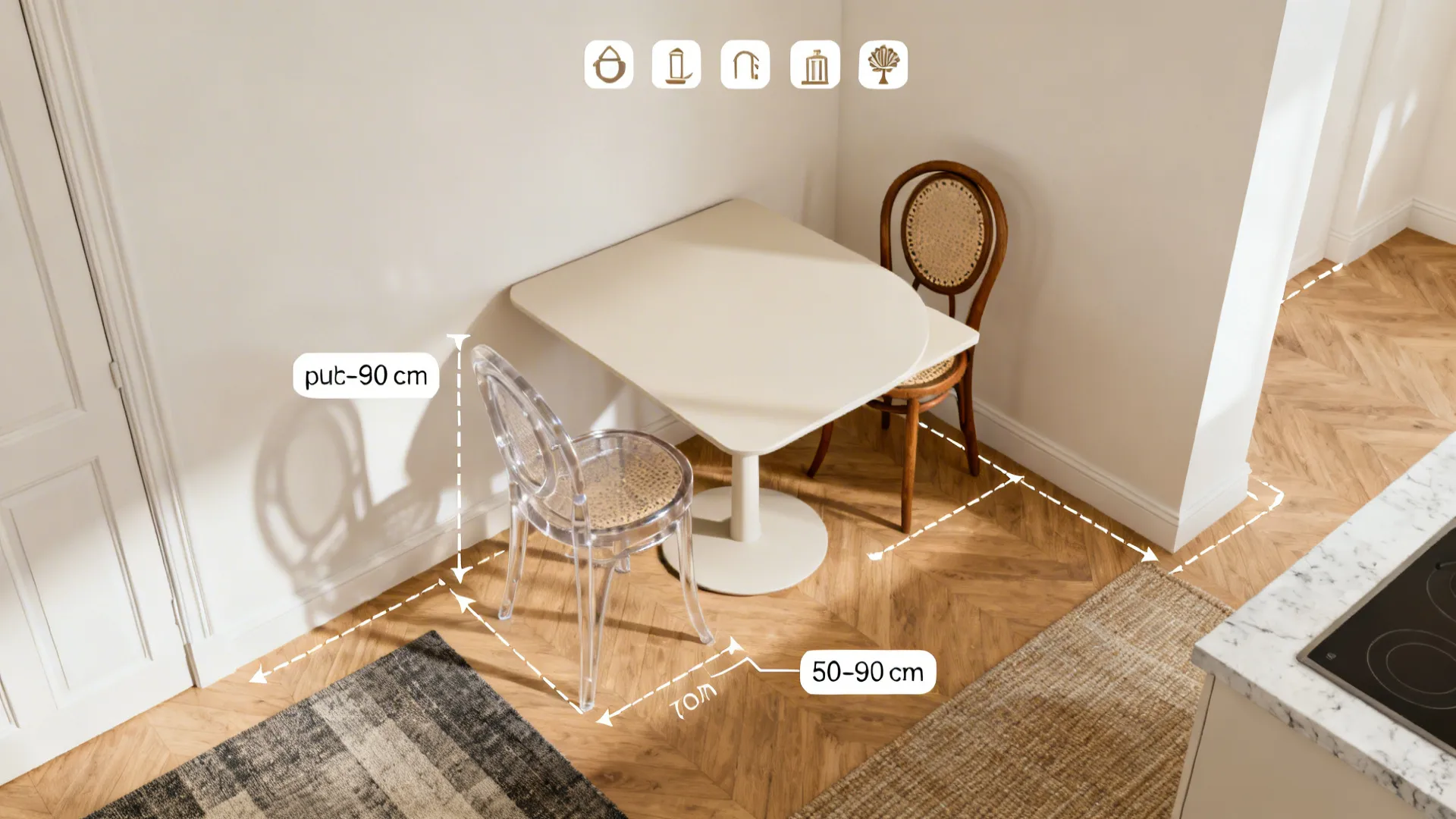 Top-down layout showing chair pushback clearances around small French tables.
