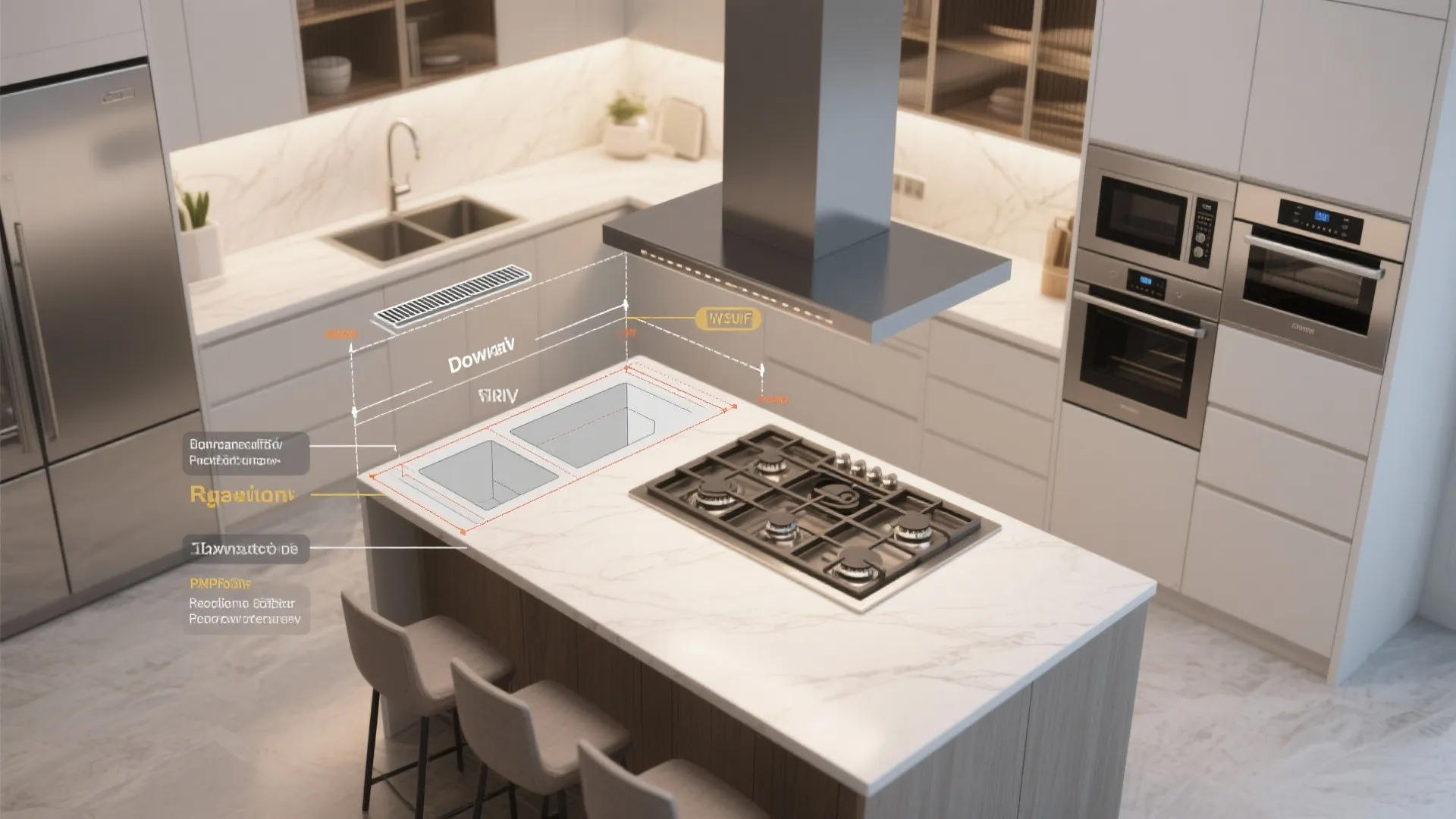 Interior design drawing showing kitchen island stove clearance measurements below a modern metal range hood