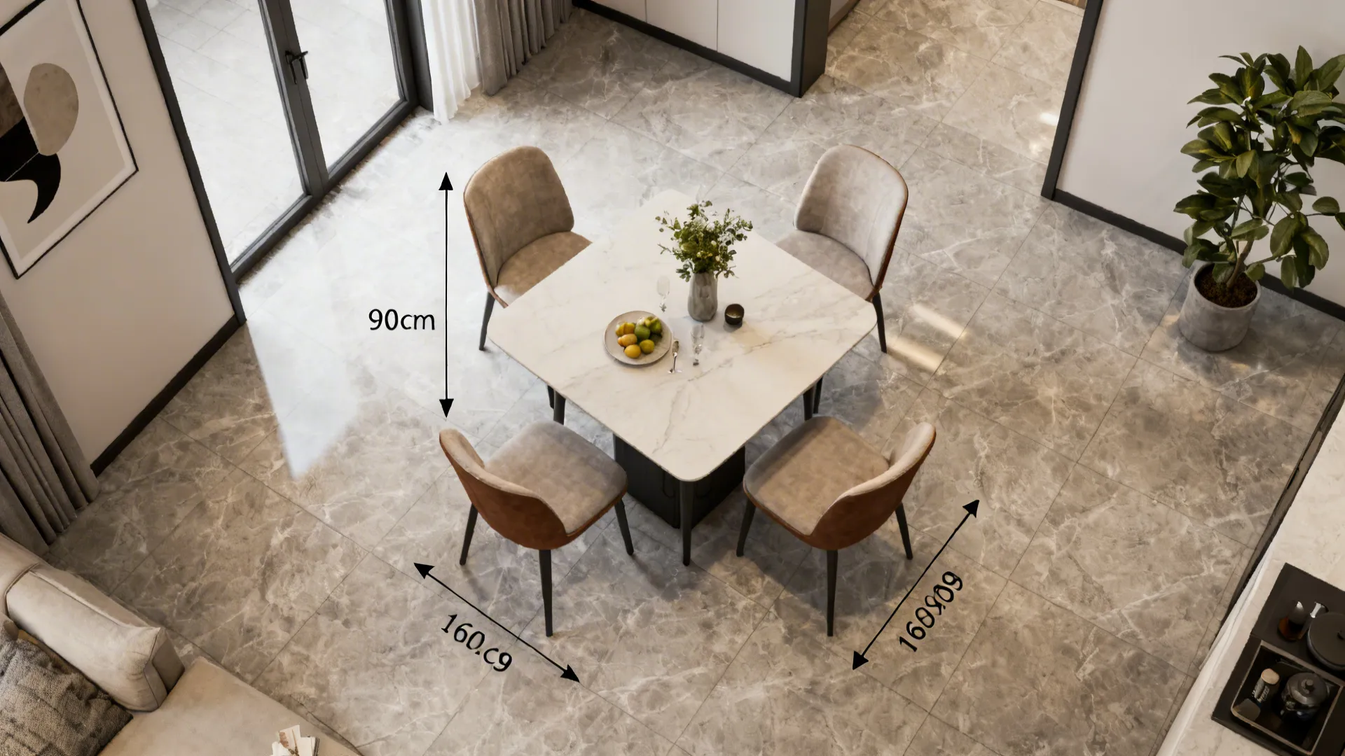 Top-down floor layout showing table orientation and 90 cm clearance behind chairs
