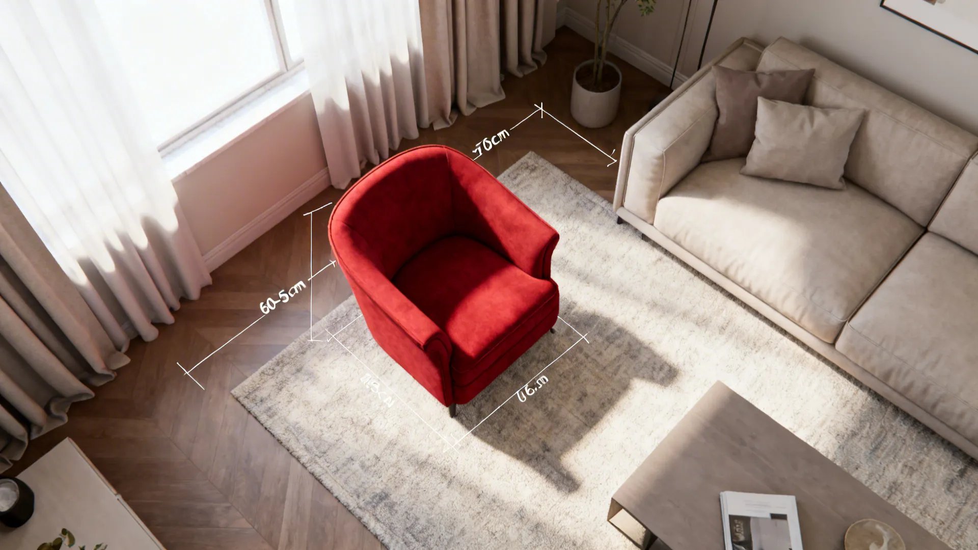 Top-down mockup showing red chair placement and 60-75cm circulation clearance in a small living room