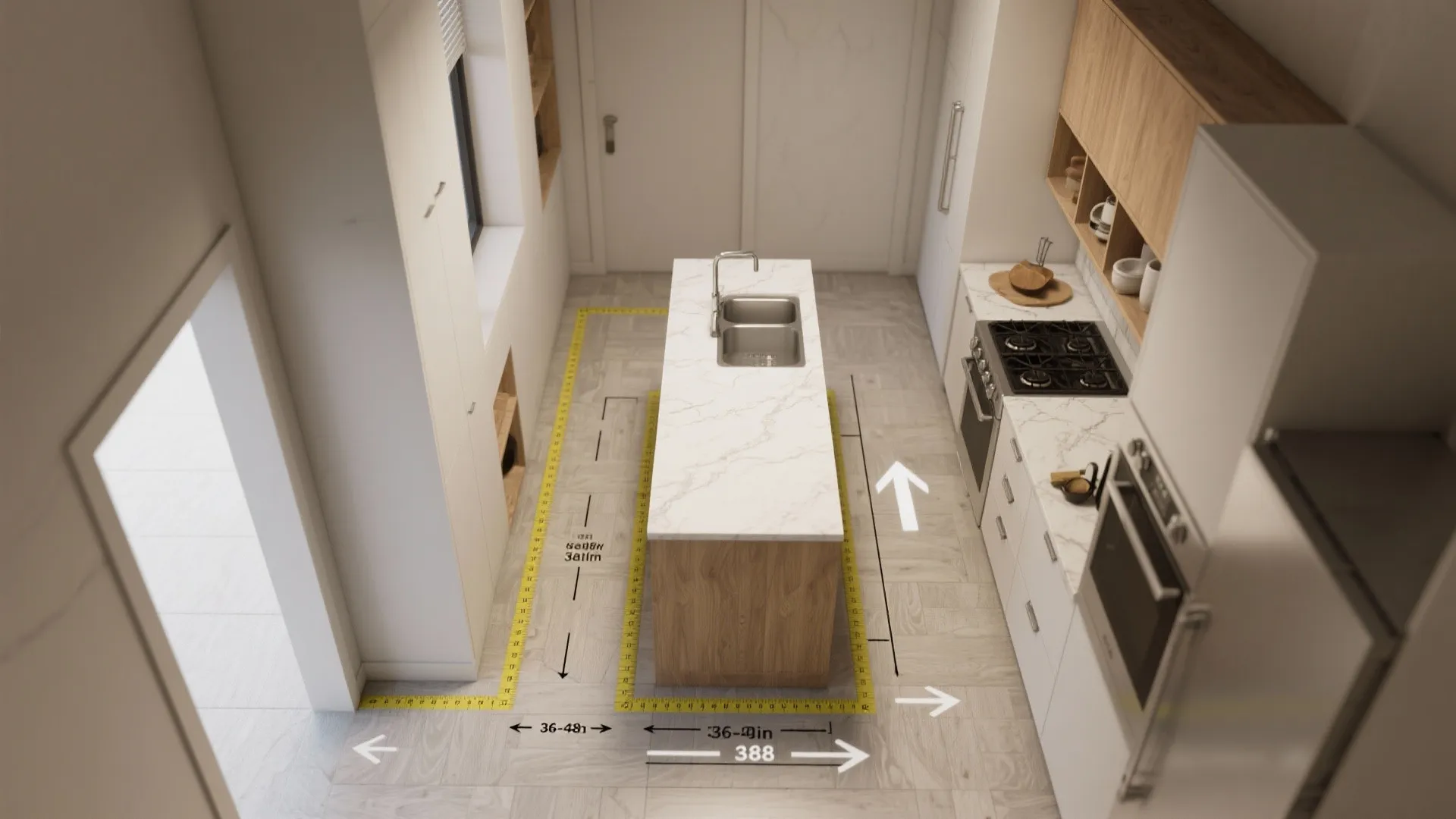 Kitchen interior design drawing showing floor clearance measurements around a marble island with wood base