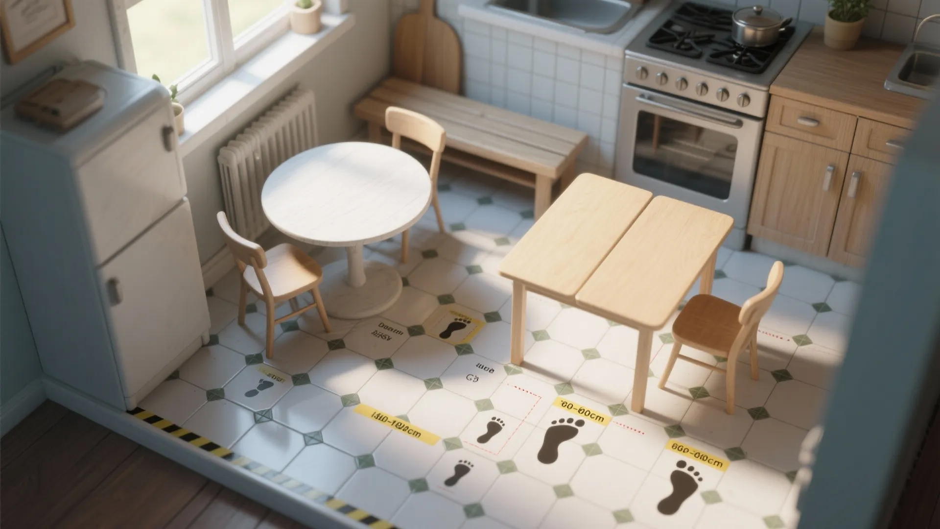 Top down kitchen interior design drawing showing room layout with dining tables and measurement markings