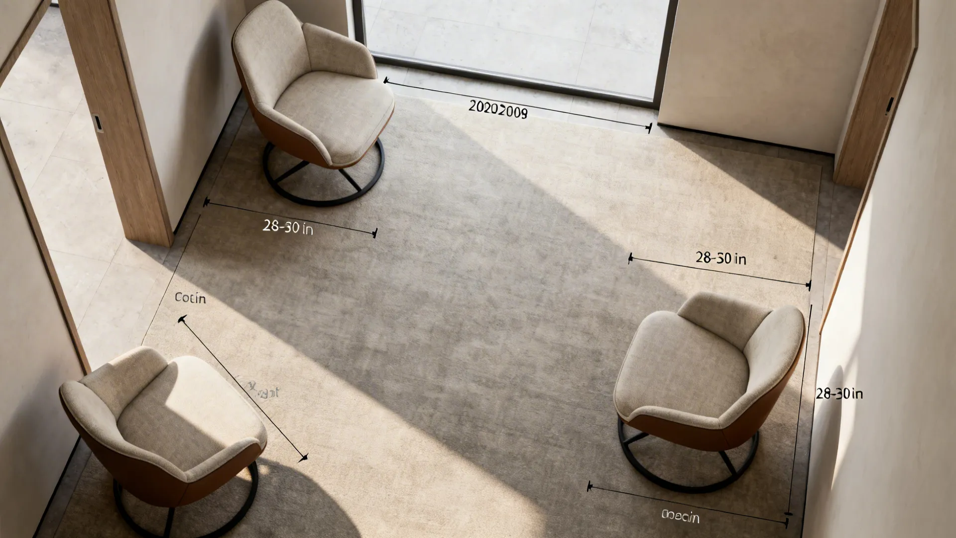 Top-down small living room layout showing chair clearances and suggested seat widths for compact spaces.