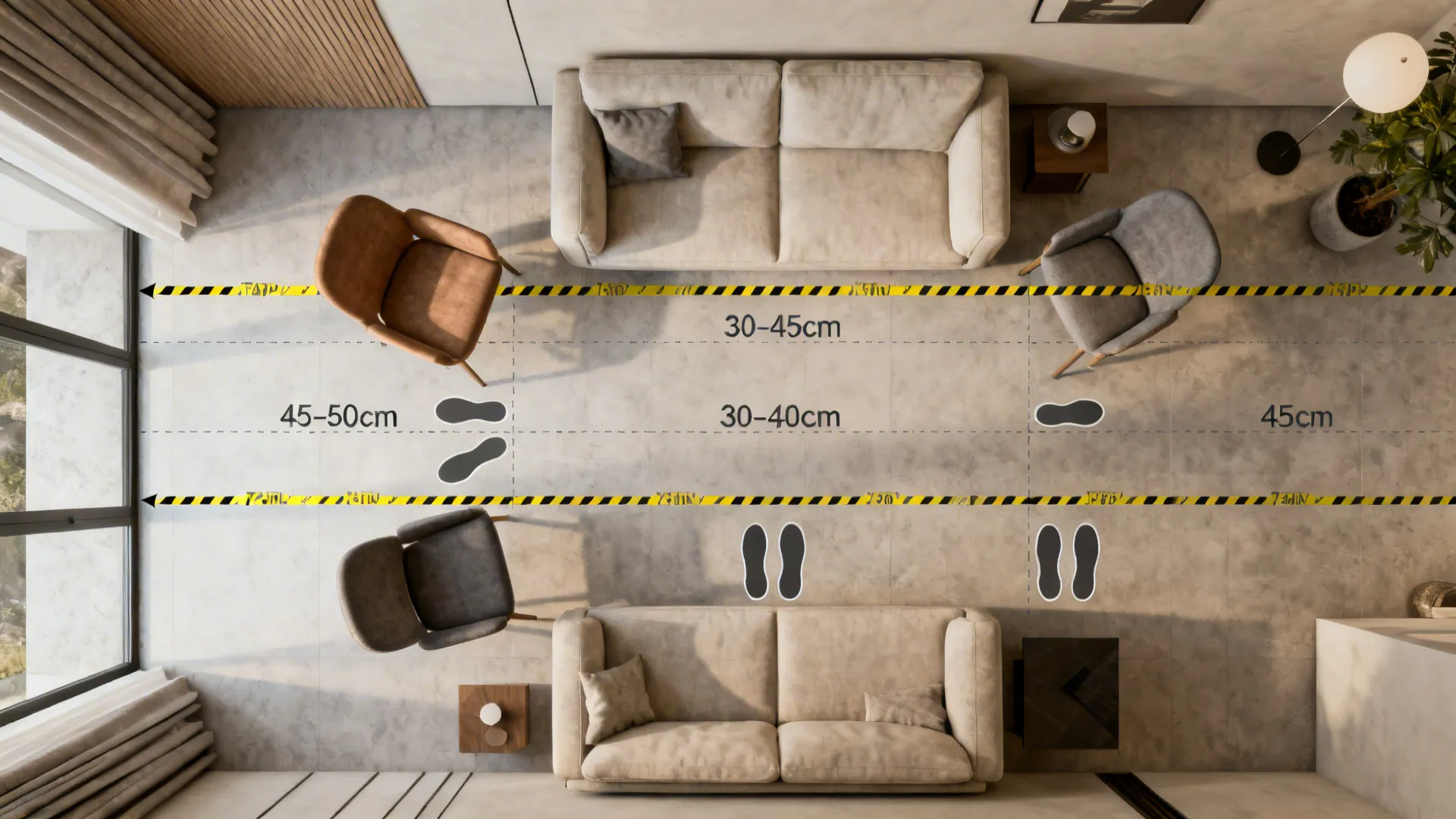 Top-down floor plan showing recommended clearances and scaled chair footprints for a small living room.
